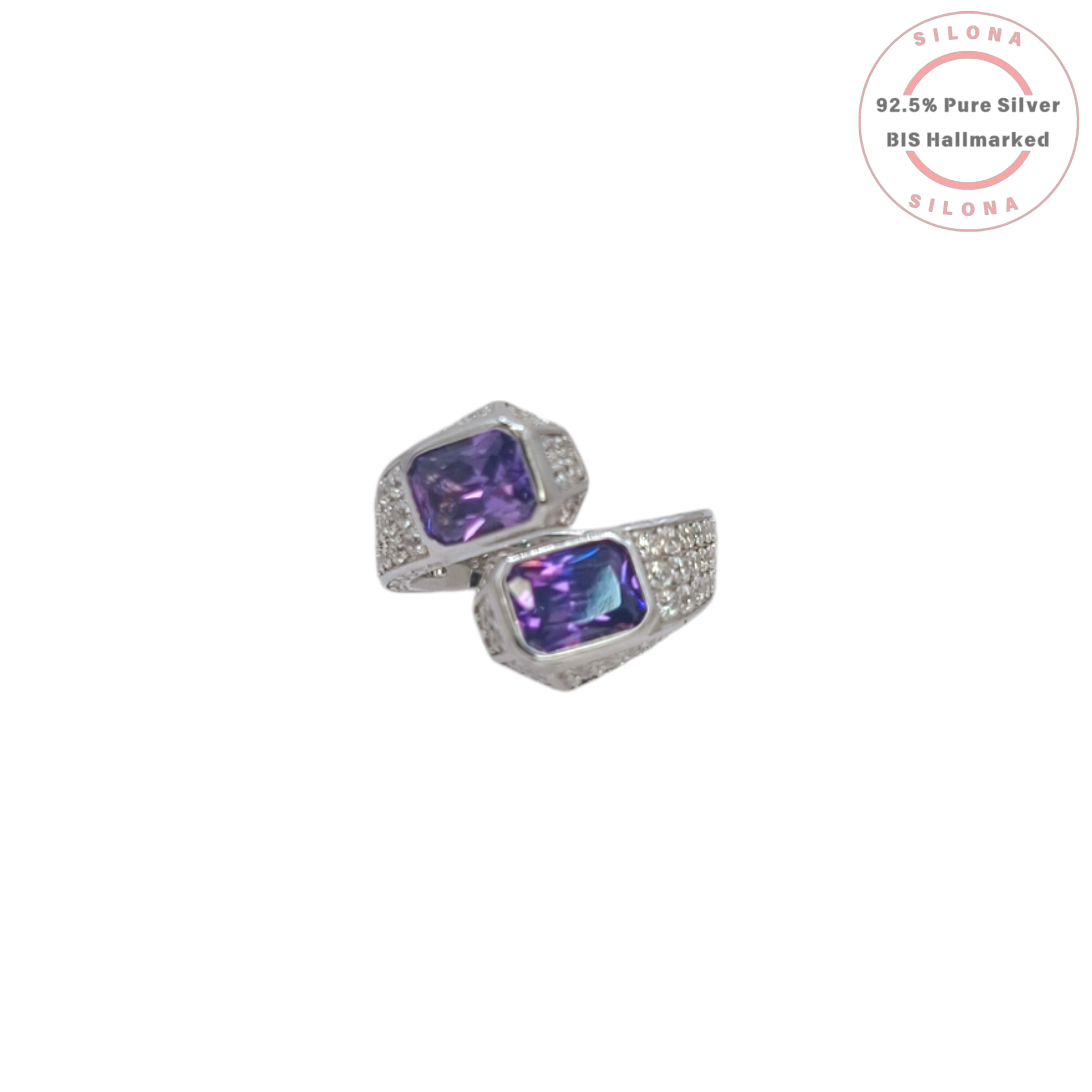 Silona Statement Bypass Ring in 92.5 silver featuring two rectangular amethyst-hued cubic zirconia stones with pave accents on a white background.