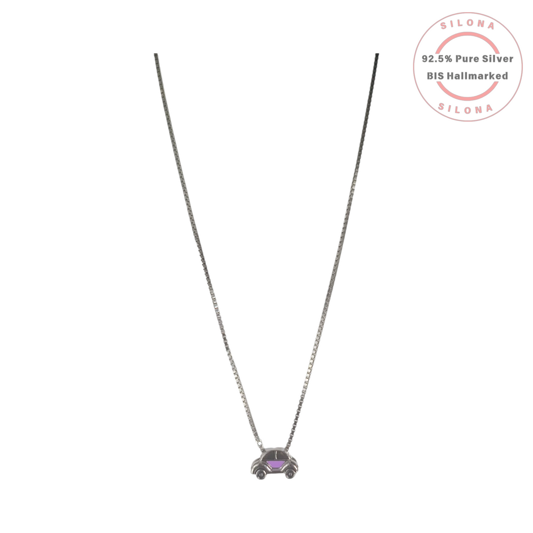 Silona's whimsical car pendant necklace with a purple detail, crafted from 92.5 silver on a delicate box chain.