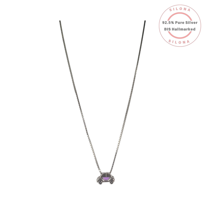 Silona's whimsical car pendant necklace with a purple detail, crafted from 92.5 silver on a delicate box chain.