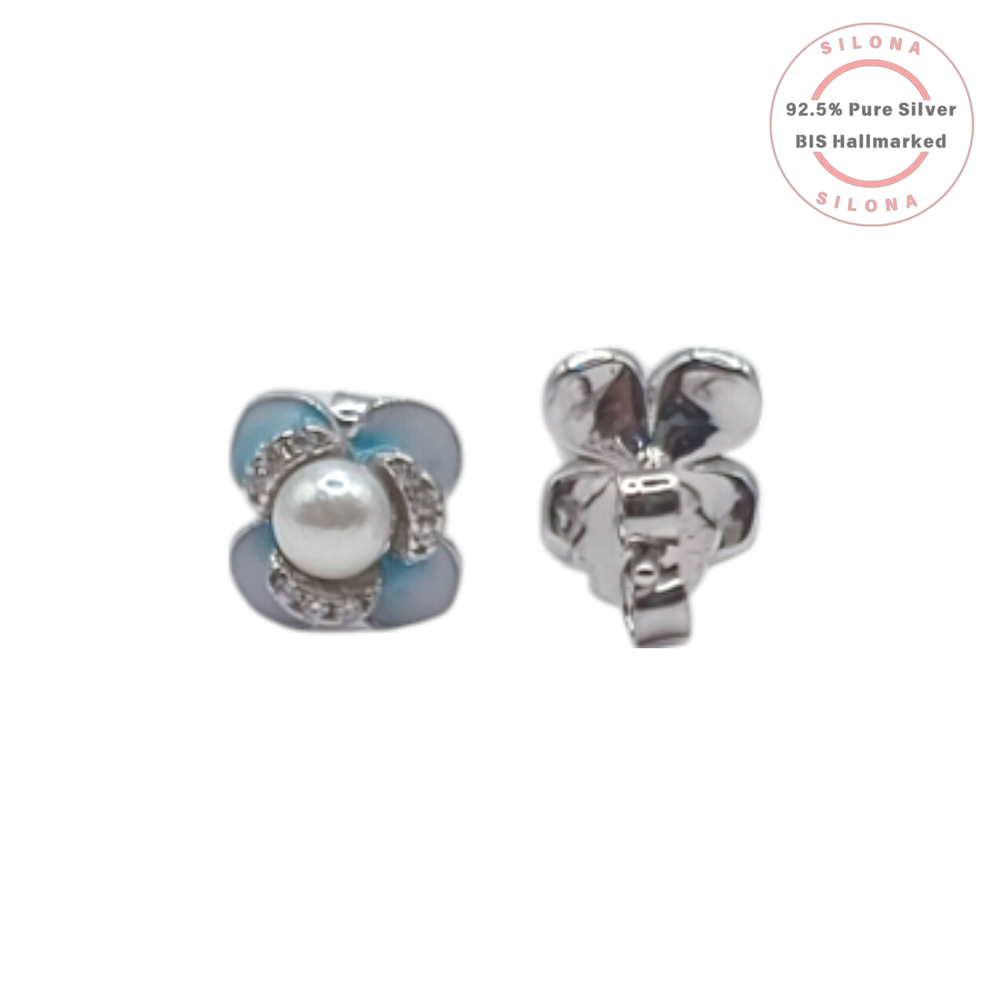 A pair of Silona's Azure Pearl Blossom Studs in 92.5 silver, featuring a central pearl, a halo of cubic zirconia, and powder blue enamel flower petals on a white background.
