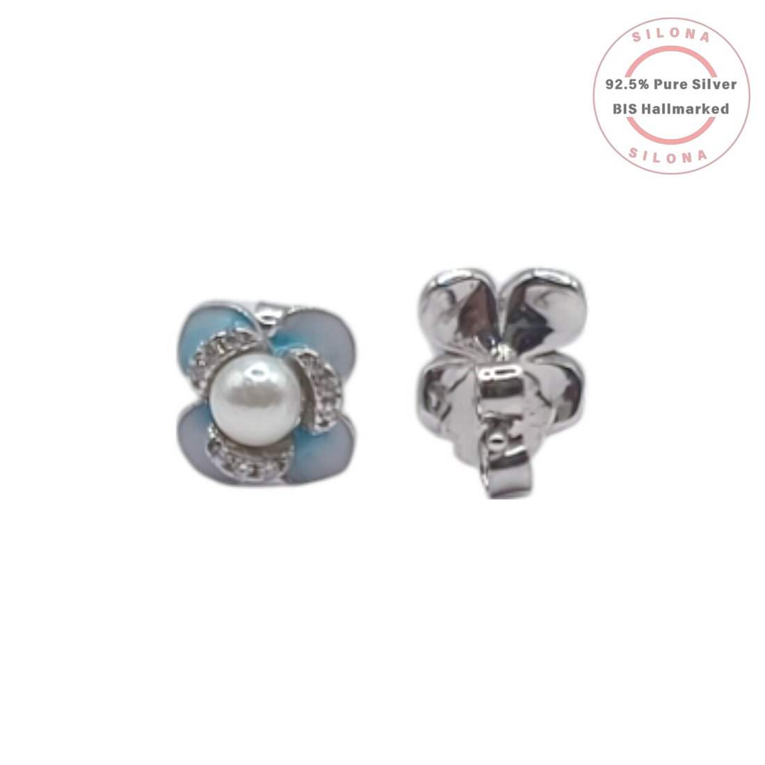 A pair of Silona's Azure Pearl Blossom Studs in 92.5 silver, featuring a central pearl, a halo of cubic zirconia, and powder blue enamel flower petals on a white background.