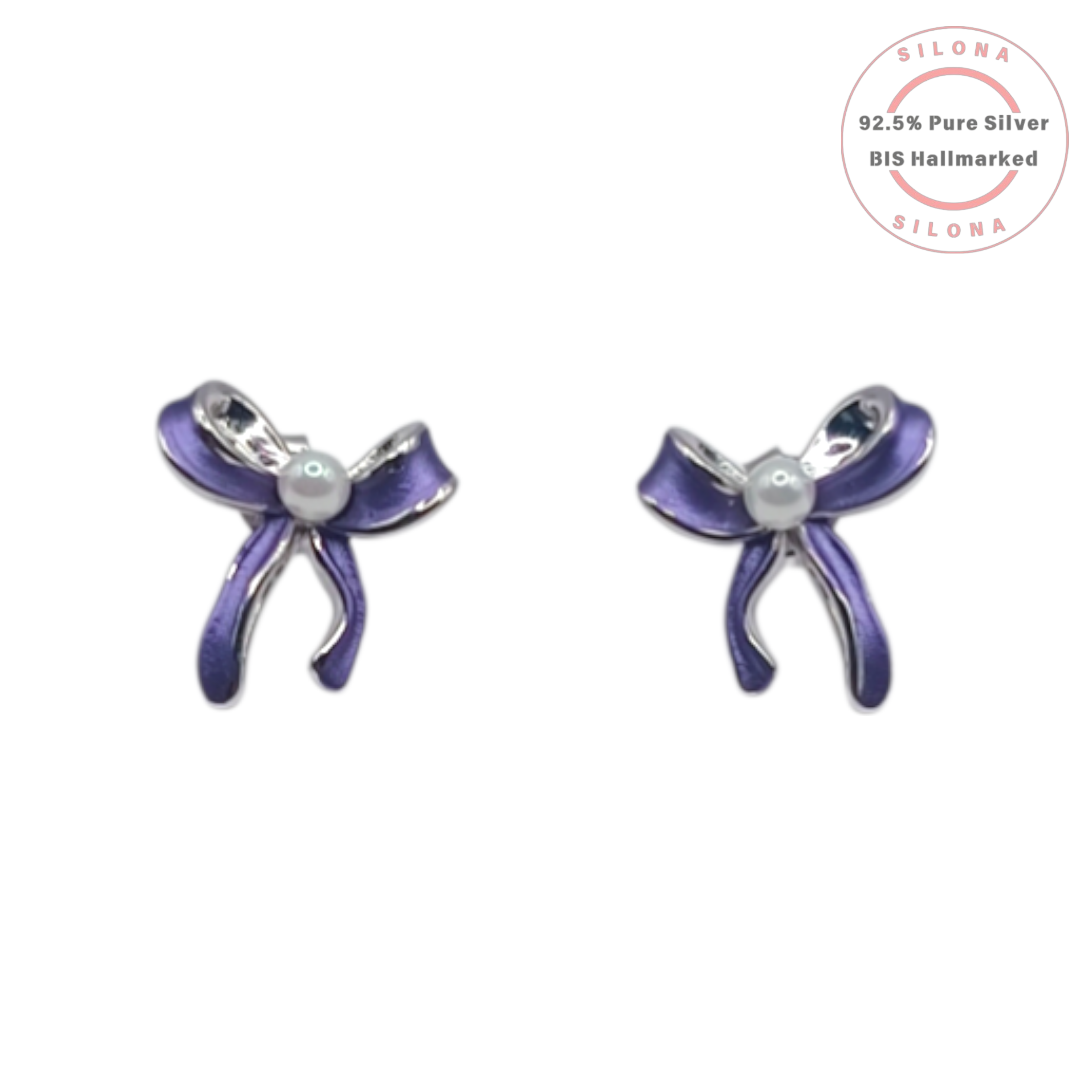 Silona's Chic Purple Bow Necklace and Earring Set in 92.5 Silver, featuring lavender enamel bows with pearl centers, on a white background.