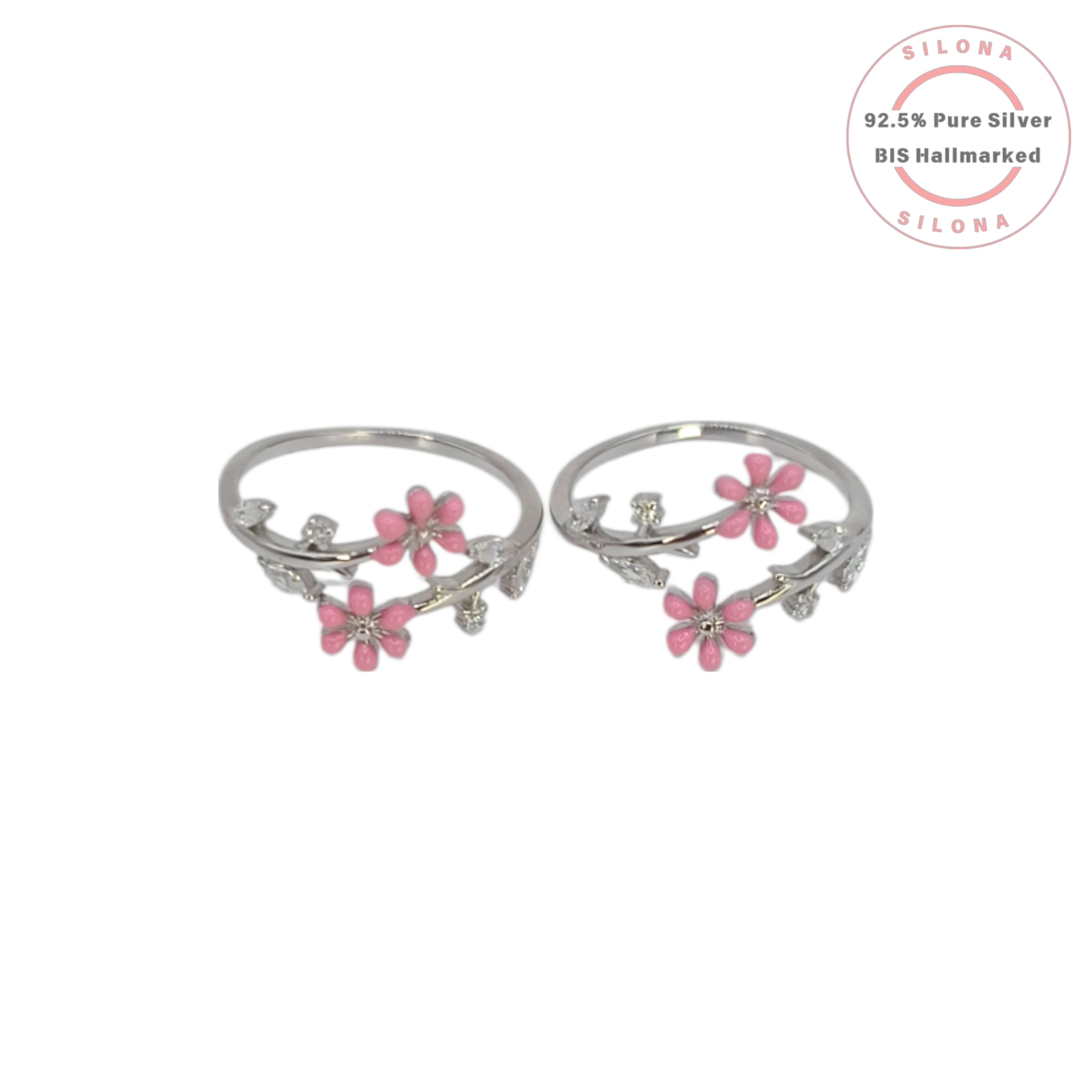 Pair of Dainty Pink Blossom Toe Rings in 92.5 silver, featuring pink enamel flowers and clear stone leaves on a white background.