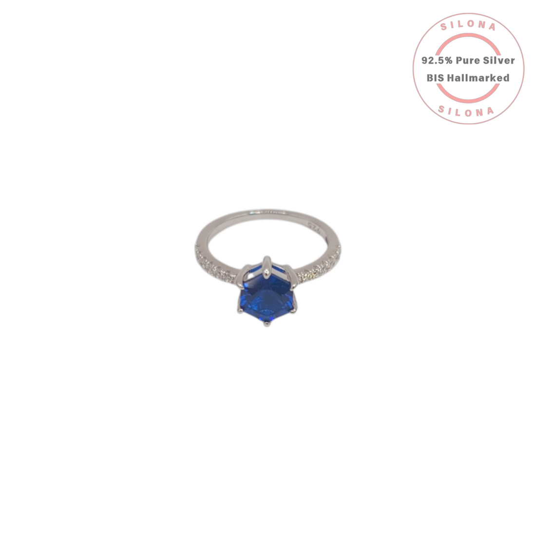 Silona Geometric Hexagon Ring with a central sapphire-blue stone on a pavé band, crafted in pure 92.5 silver.