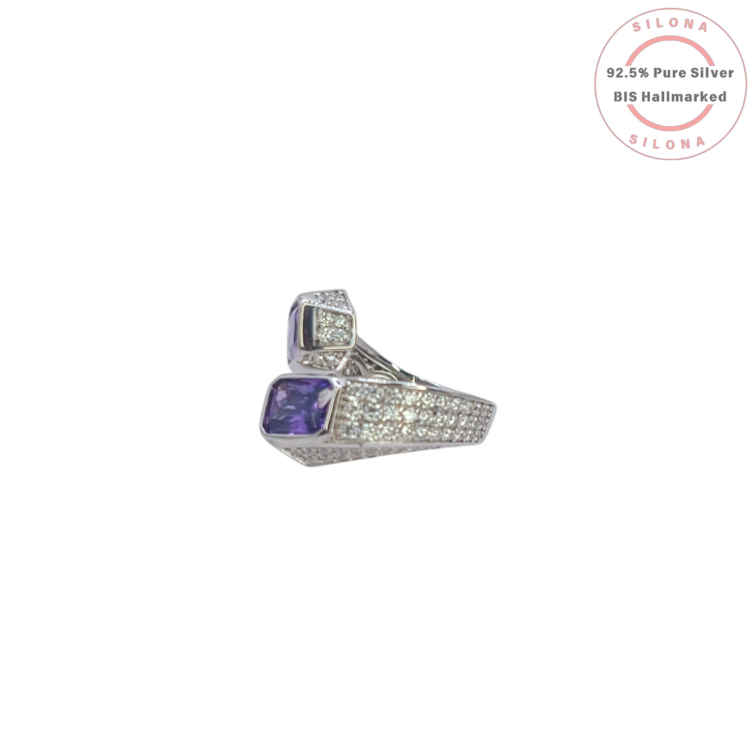 Silona Statement Bypass Ring in 92.5 silver featuring two rectangular amethyst-hued cubic zirconia stones with pave accents on a white background.