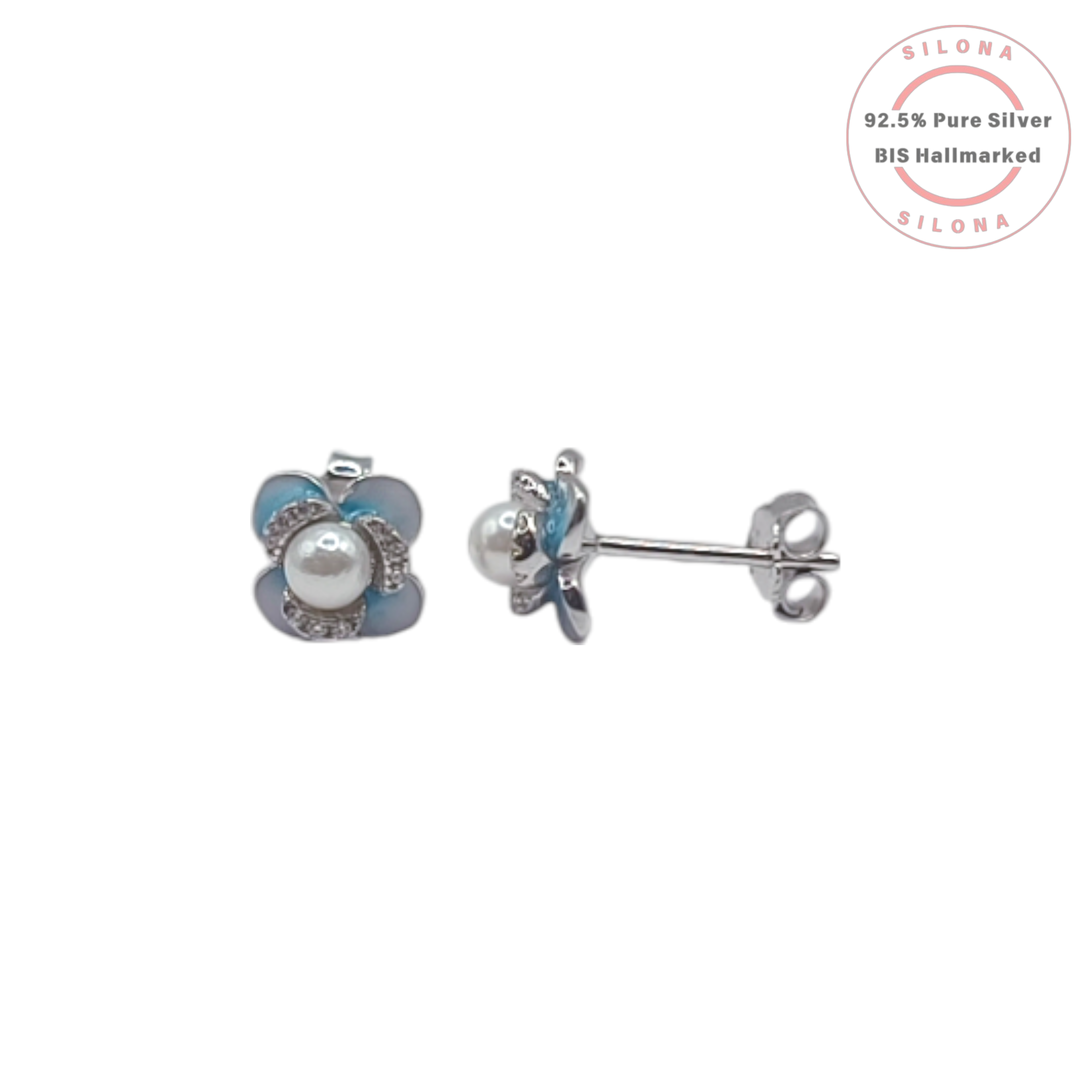 A pair of Silona's Azure Pearl Blossom Studs in 92.5 silver, featuring a central pearl, a halo of cubic zirconia, and powder blue enamel flower petals on a white background.