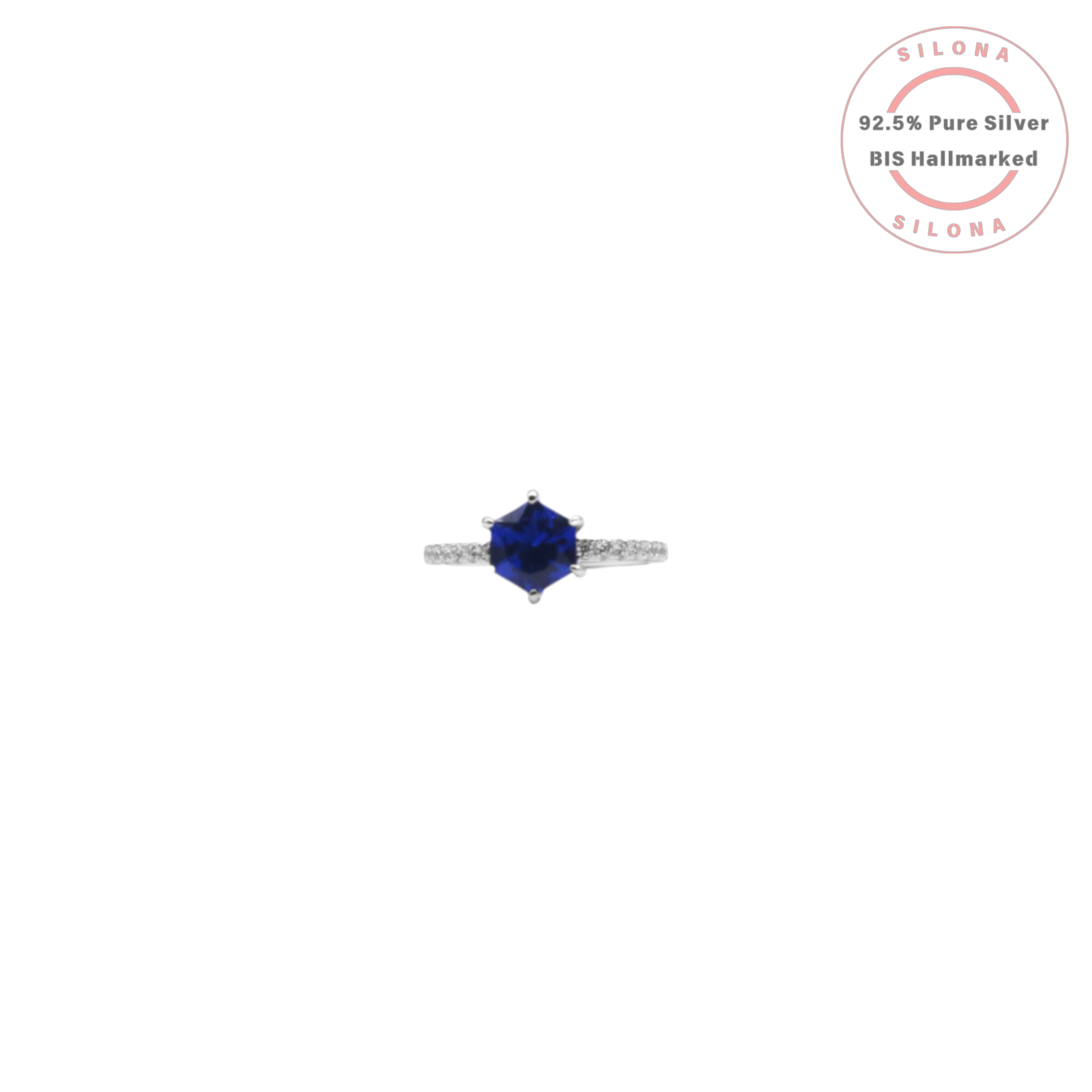 Silona Geometric Hexagon Ring with a central sapphire-blue stone on a pavé band, crafted in pure 92.5 silver.