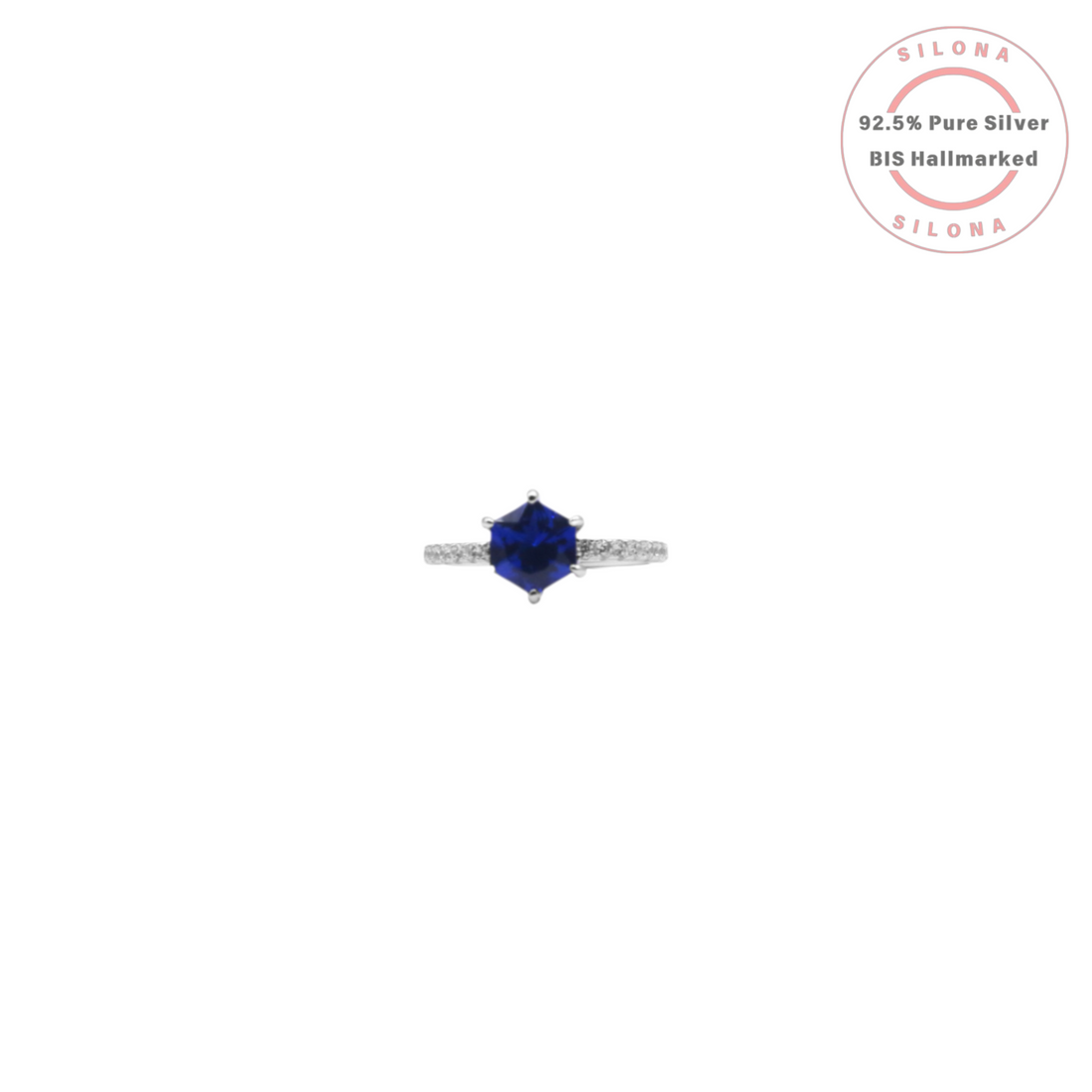 Silona Geometric Hexagon Ring with a central sapphire-blue stone on a pavé band, crafted in pure 92.5 silver.