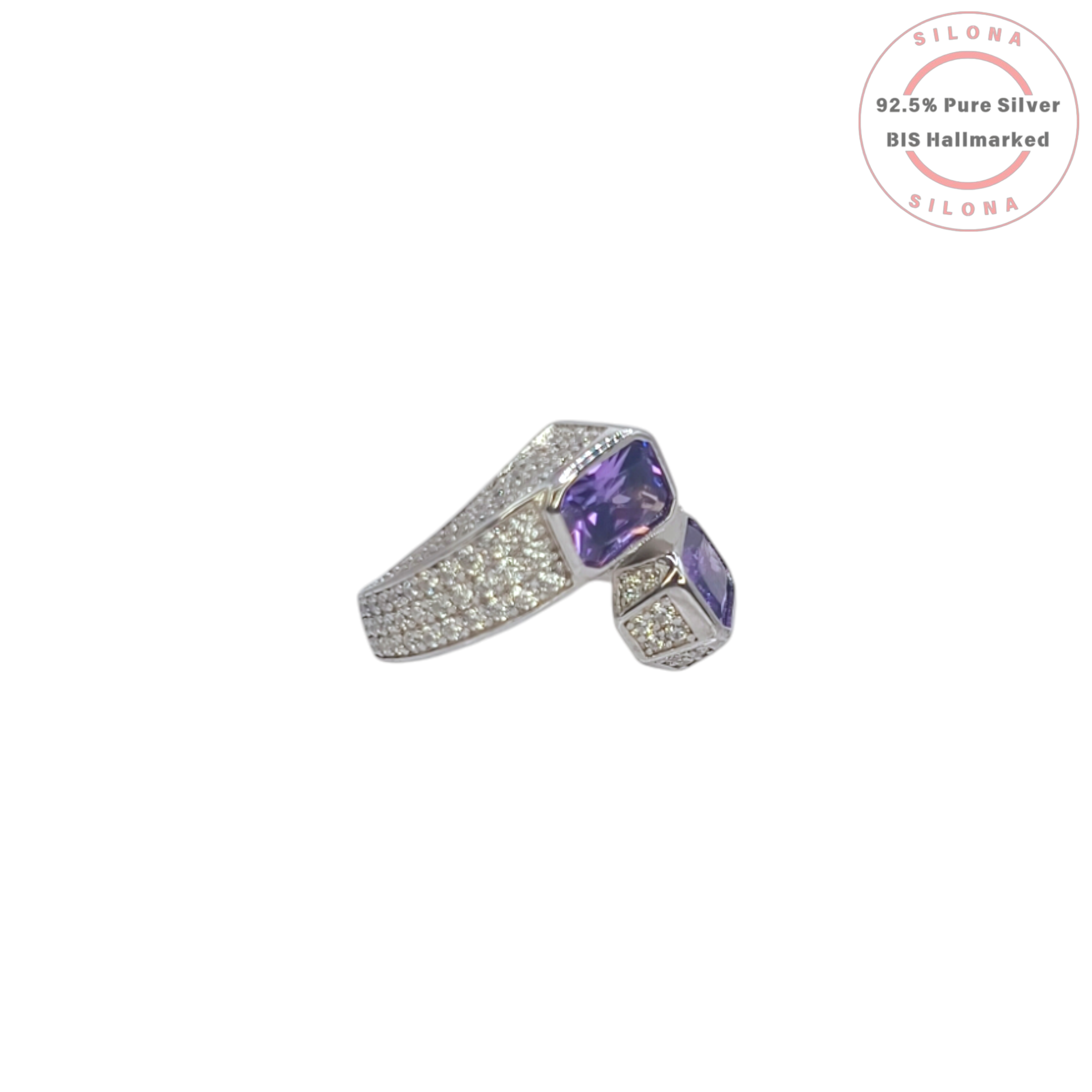 Silona Statement Bypass Ring in 92.5 silver featuring two rectangular amethyst-hued cubic zirconia stones with pave accents on a white background.