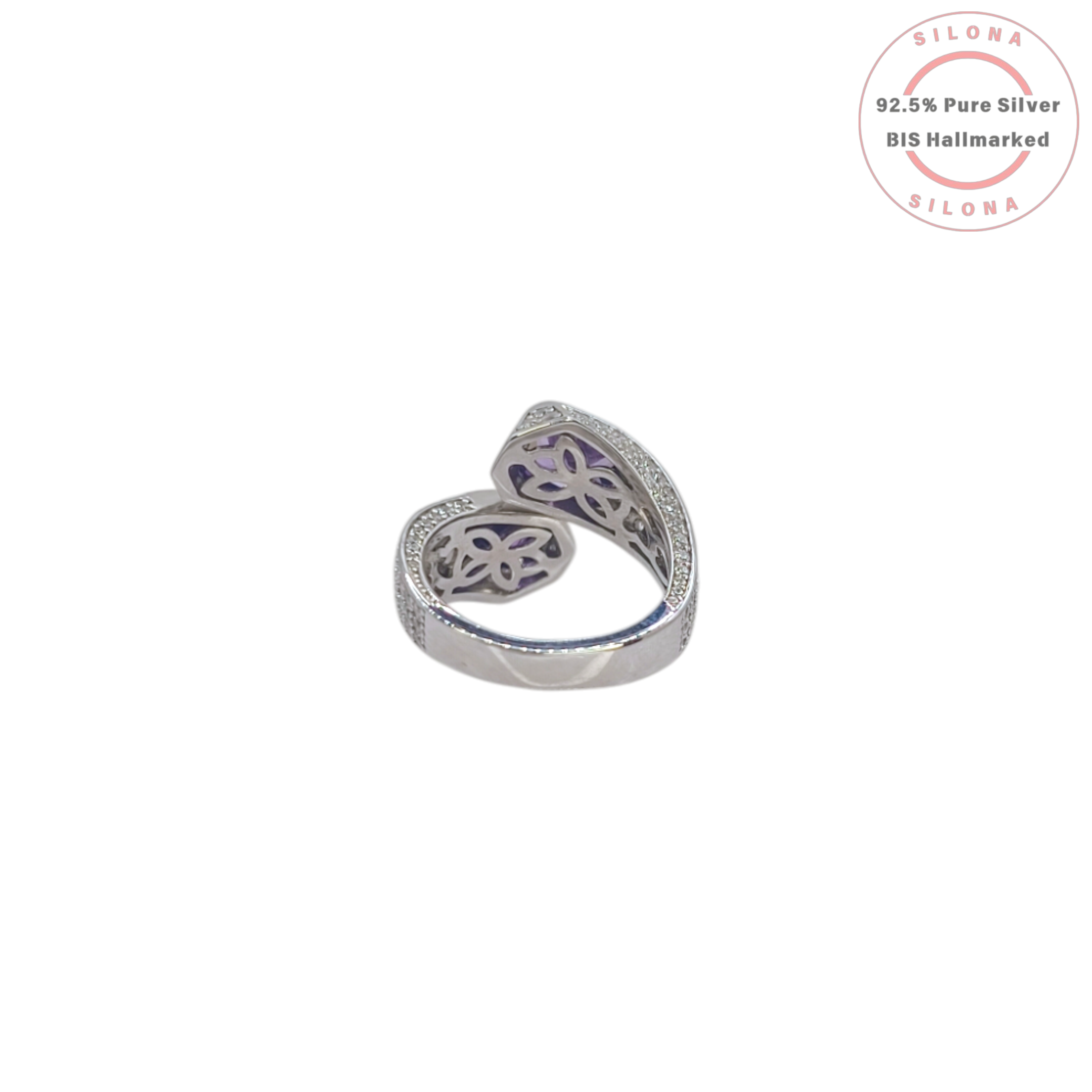 Silona Statement Bypass Ring in 92.5 silver featuring two rectangular amethyst-hued cubic zirconia stones with pave accents on a white background.