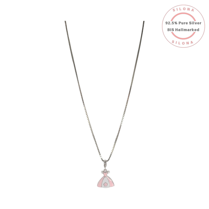 Silver box chain necklace with a pink and white enamel princess dress pendant on a white background.