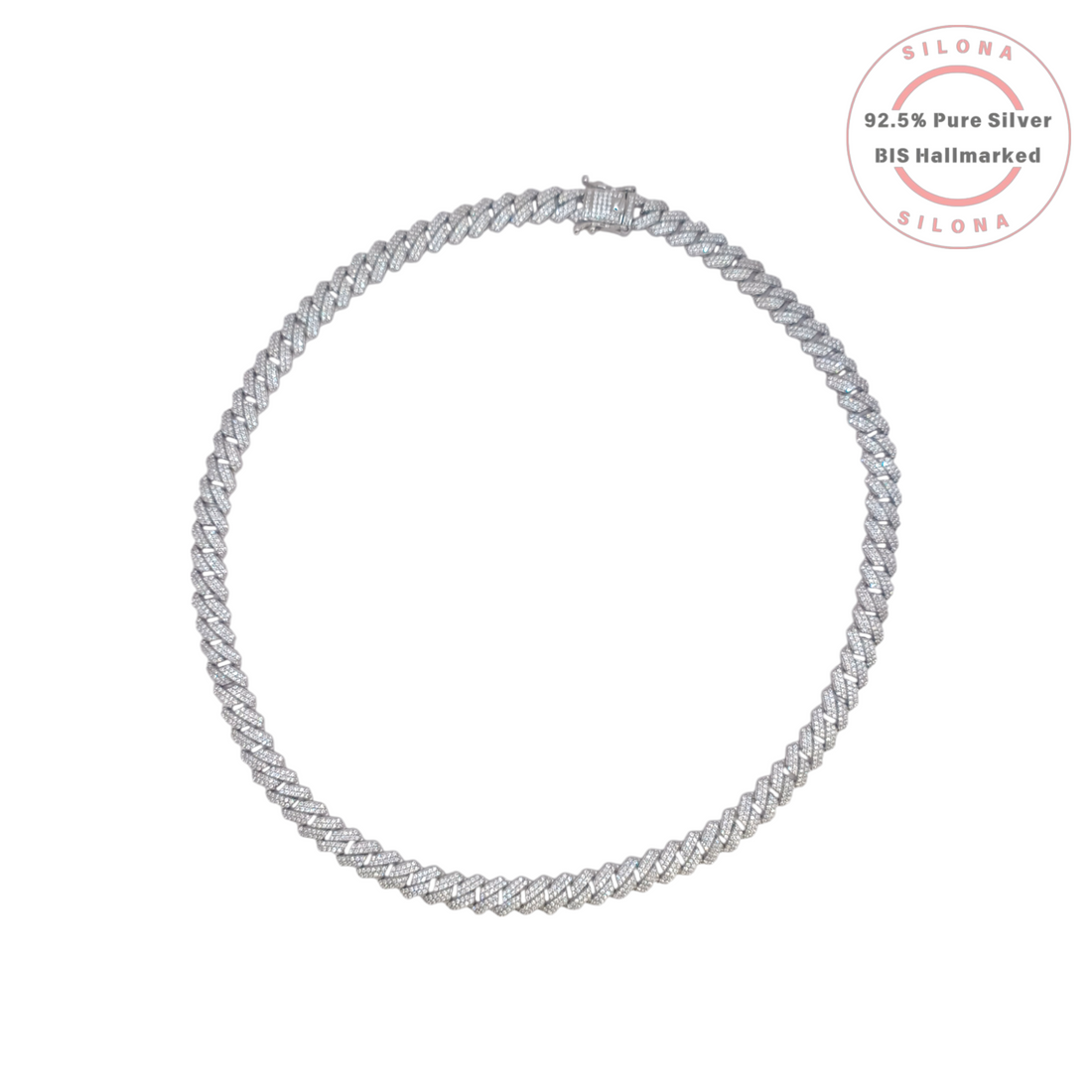 Silona Iced Out Pavé Cuban Link Chain for men, crafted in 92.5 sterling silver with a stone-set box clasp.