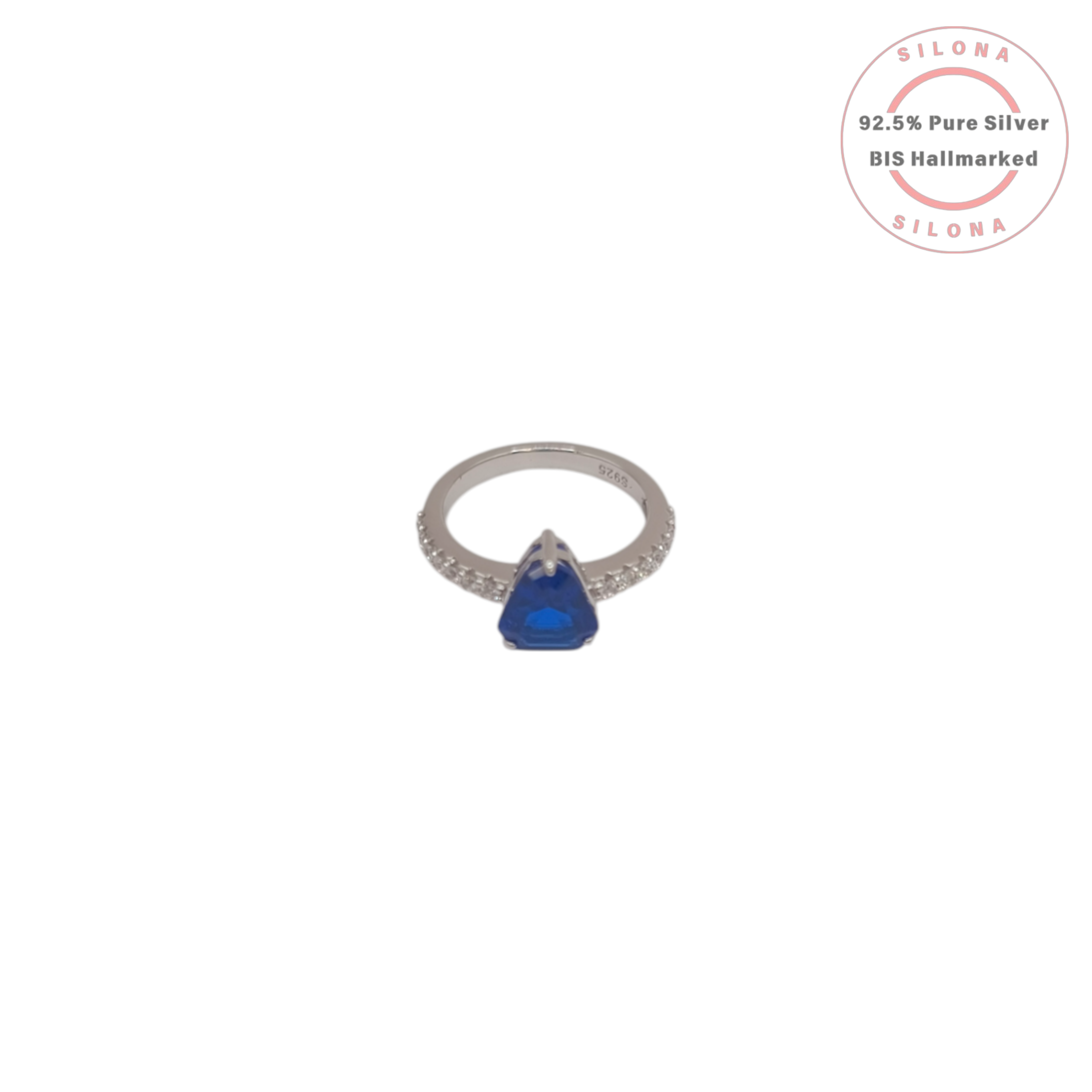 Front view of a sterling silver ring featuring a large, trillion-cut sapphire-blue cubic zirconia, with a pavé-set stone band, on a white background.