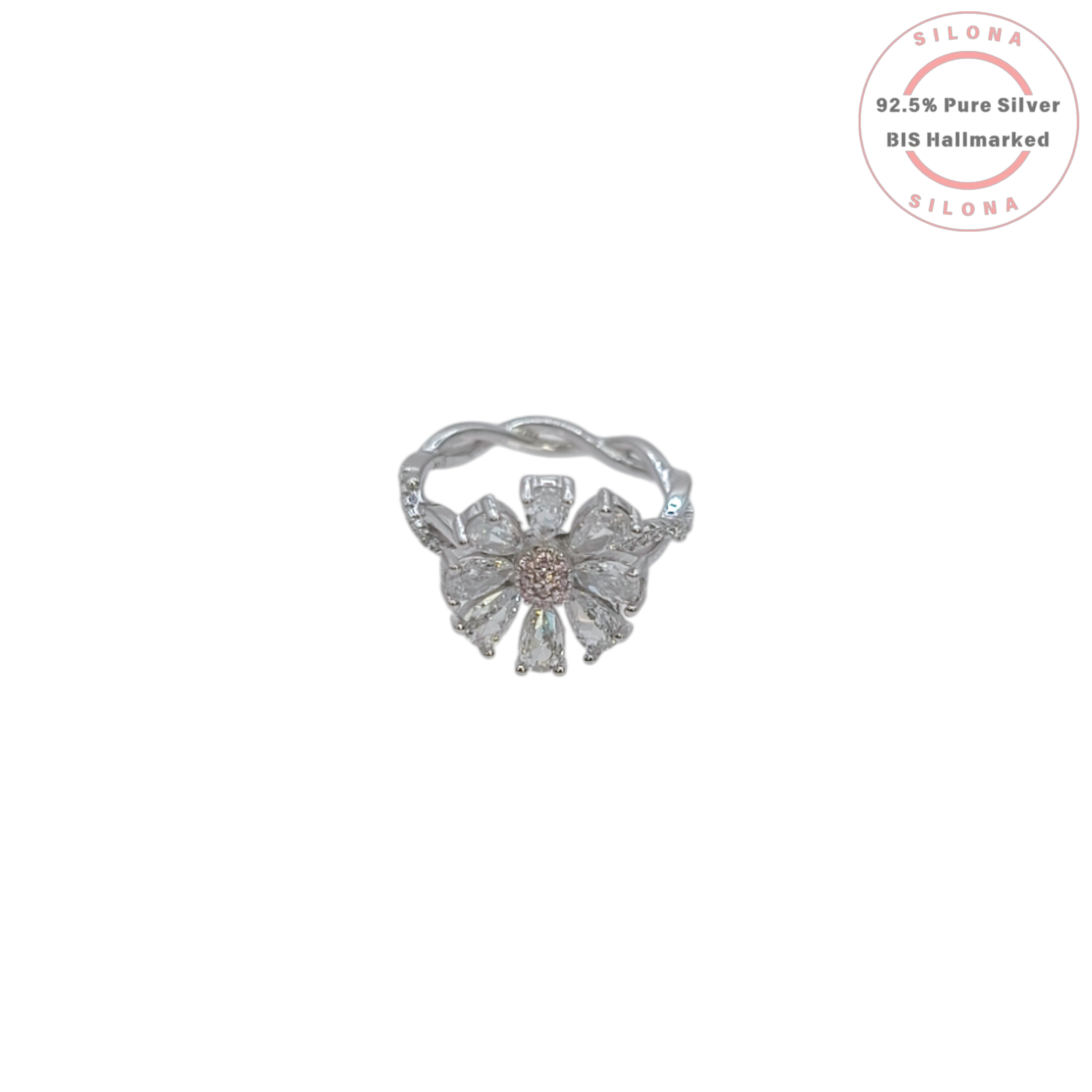 A silver Twisted Blossom Pave Ring with clear, pear-shaped cubic zirconia petals and a pink pave centre, on a white background.