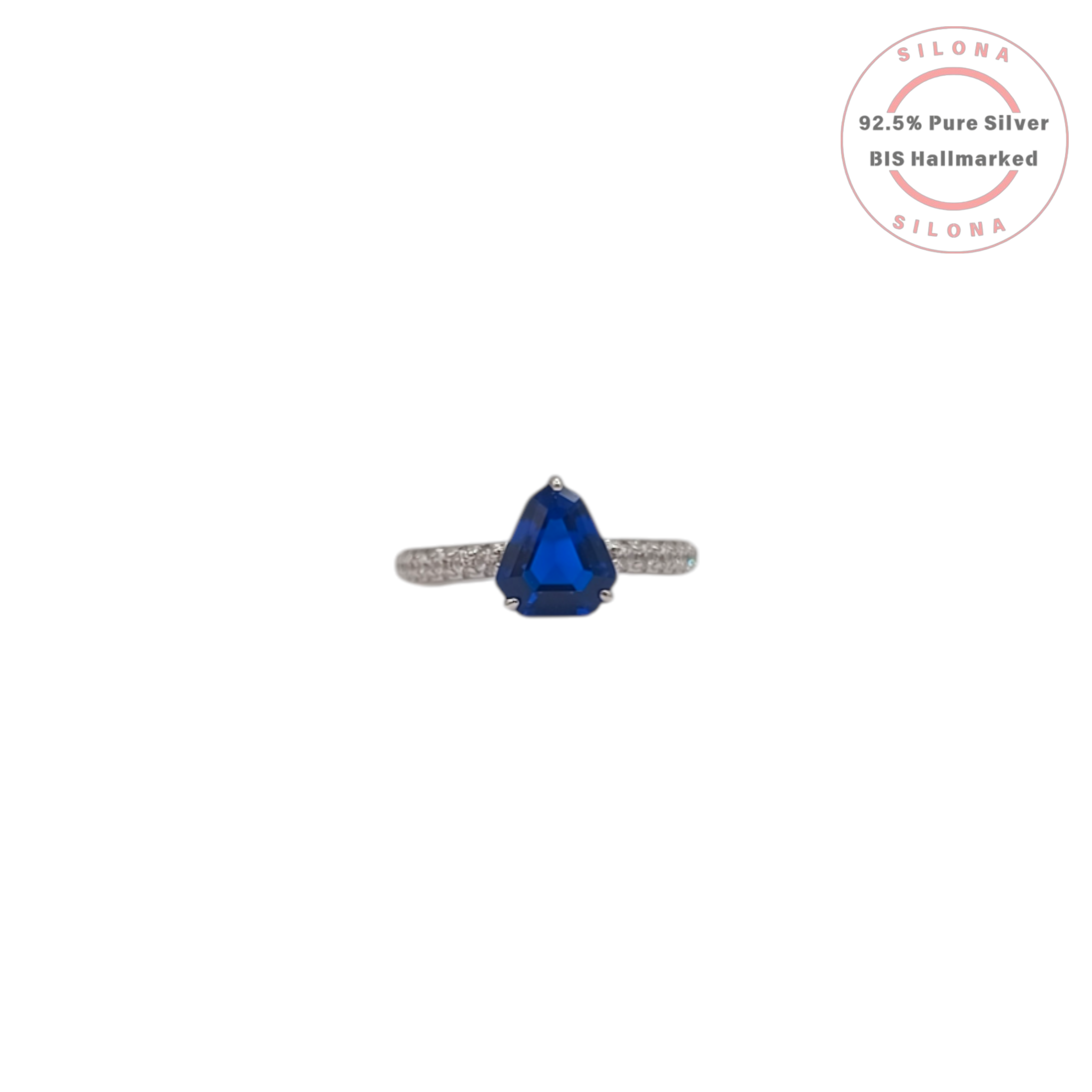 Front view of a sterling silver ring featuring a large, trillion-cut sapphire-blue cubic zirconia, with a pavé-set stone band, on a white background.