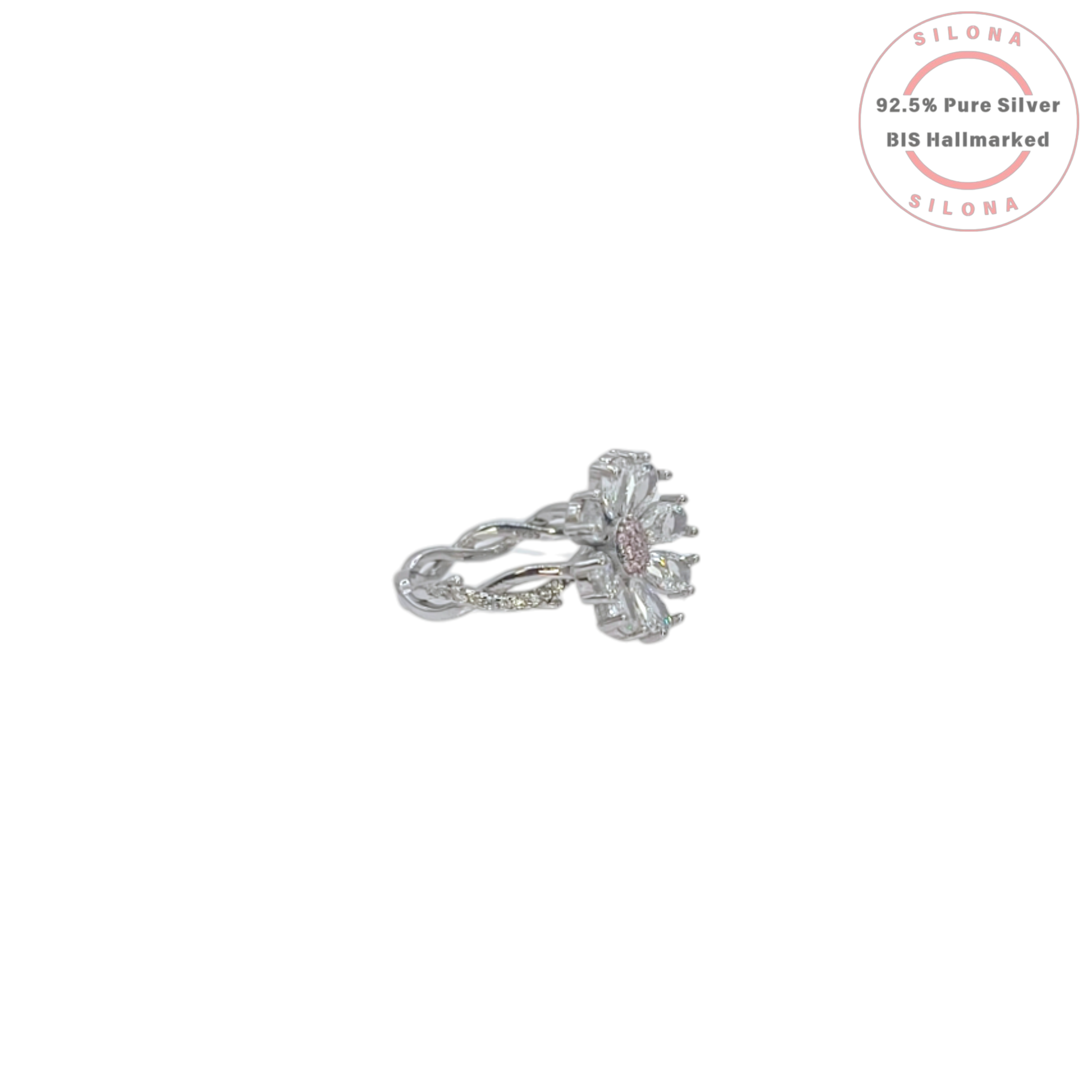 A silver Twisted Blossom Pave Ring with clear, pear-shaped cubic zirconia petals and a pink pave centre, on a white background.
