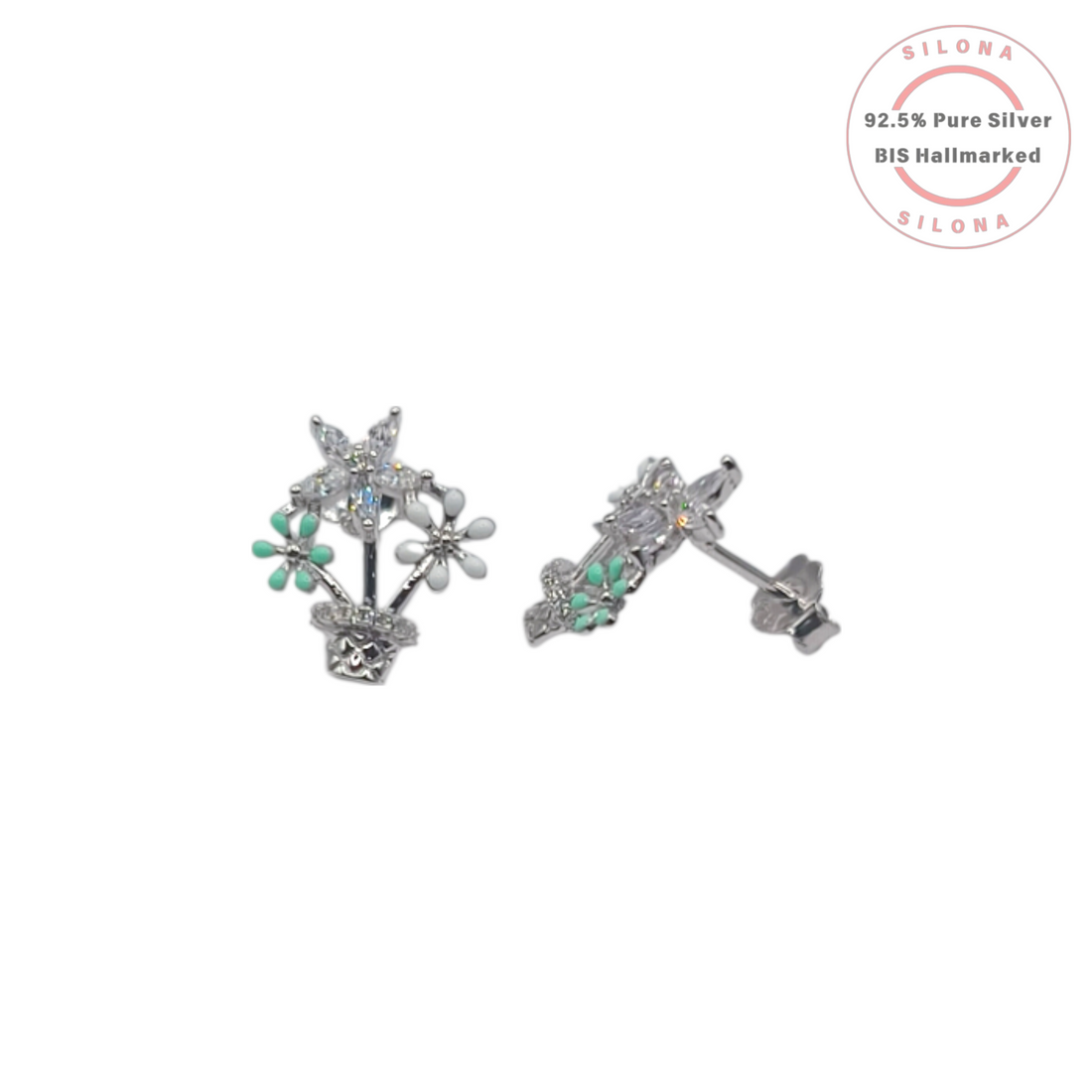 A pair of Silona silver stud earrings shaped like a flower pot, featuring marquise-cut cubic zirconia and flowers with mint green and white enamel.