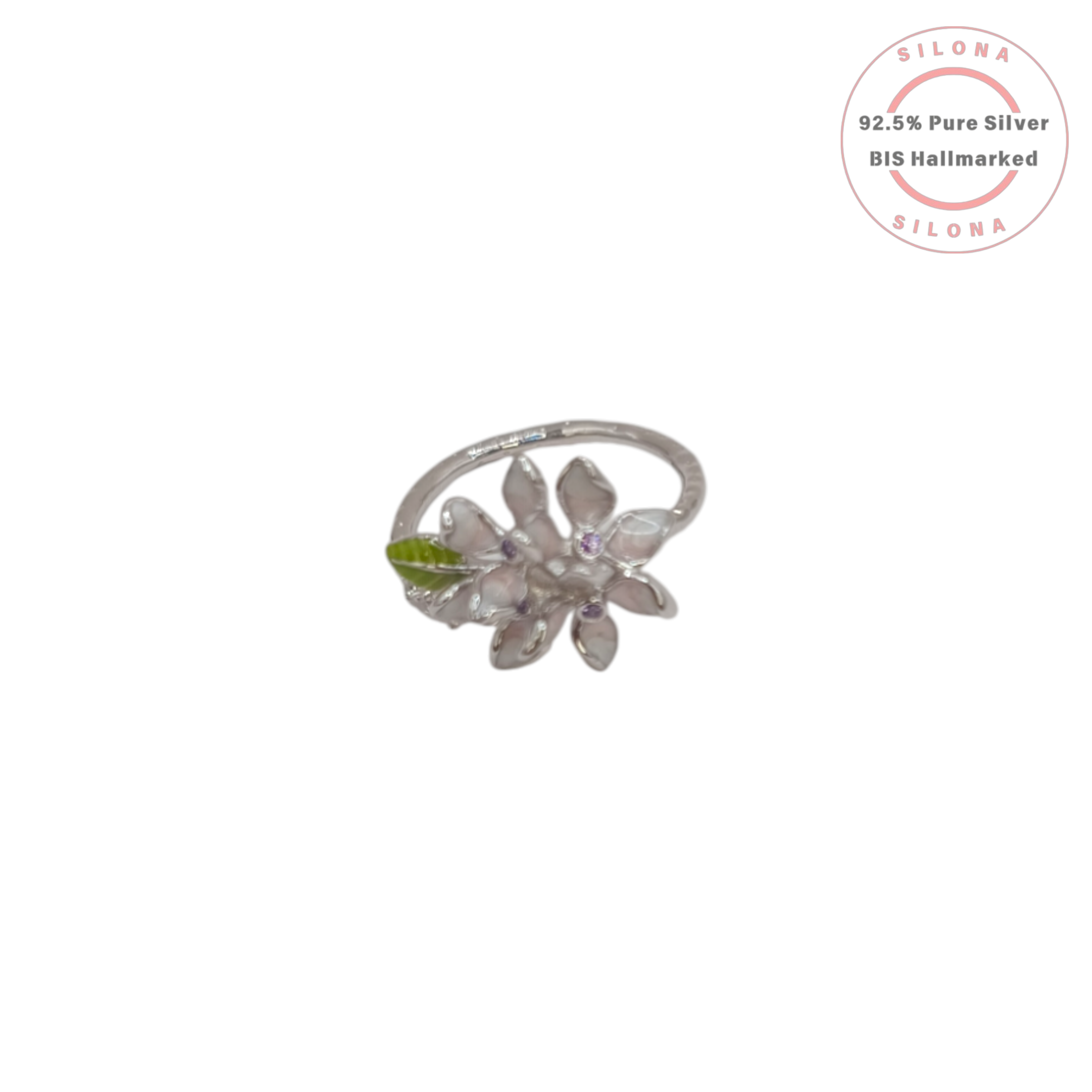 Silona Jasmine Blossom Ring in 92.5 silver, featuring white and green enamel petals and leaves with purple cubic zirconia stones.