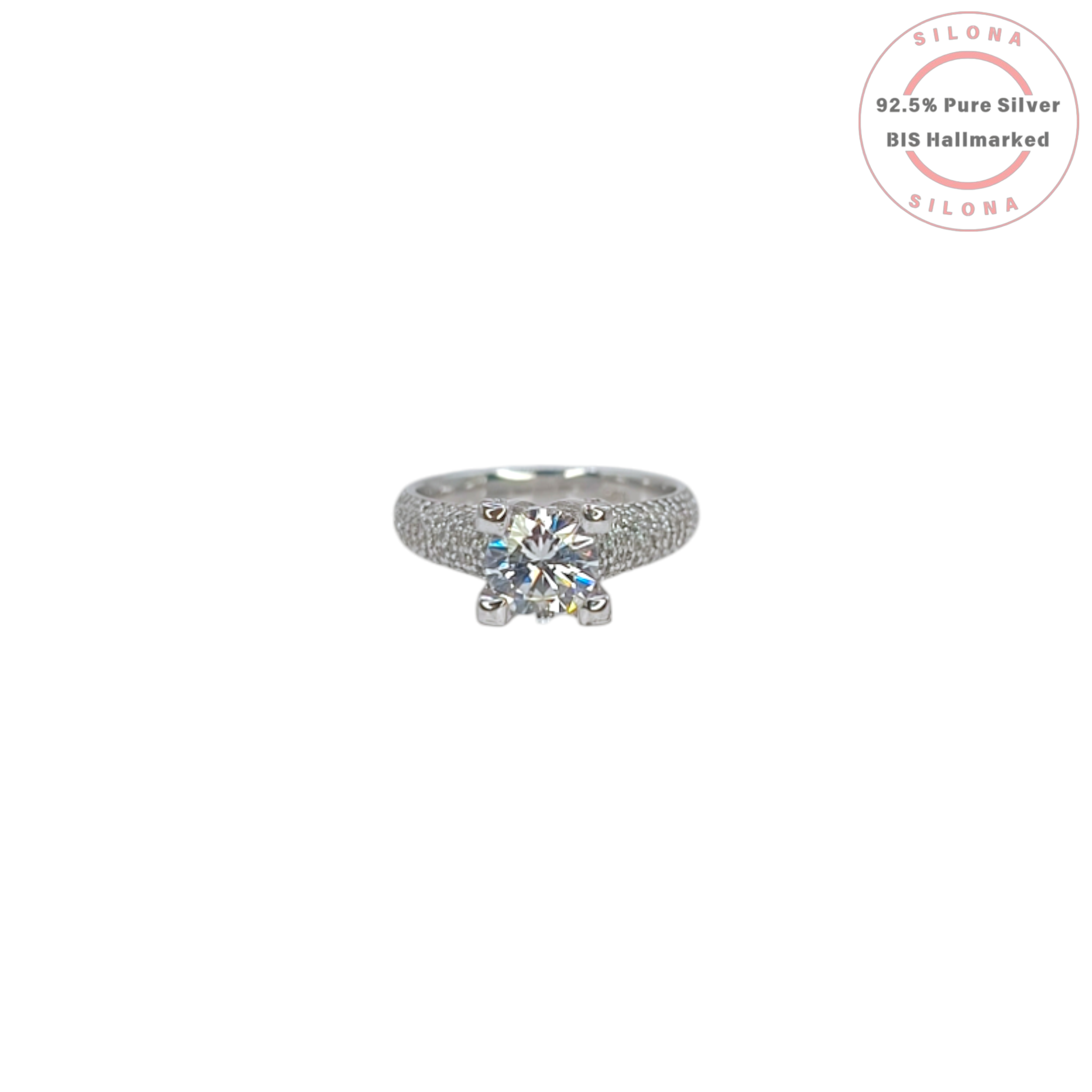Front view of the Silona Brilliant Pavé Solitaire Ring, showcasing a large central cubic zirconia and a stone-encrusted band in 92.5 silver on a white background.