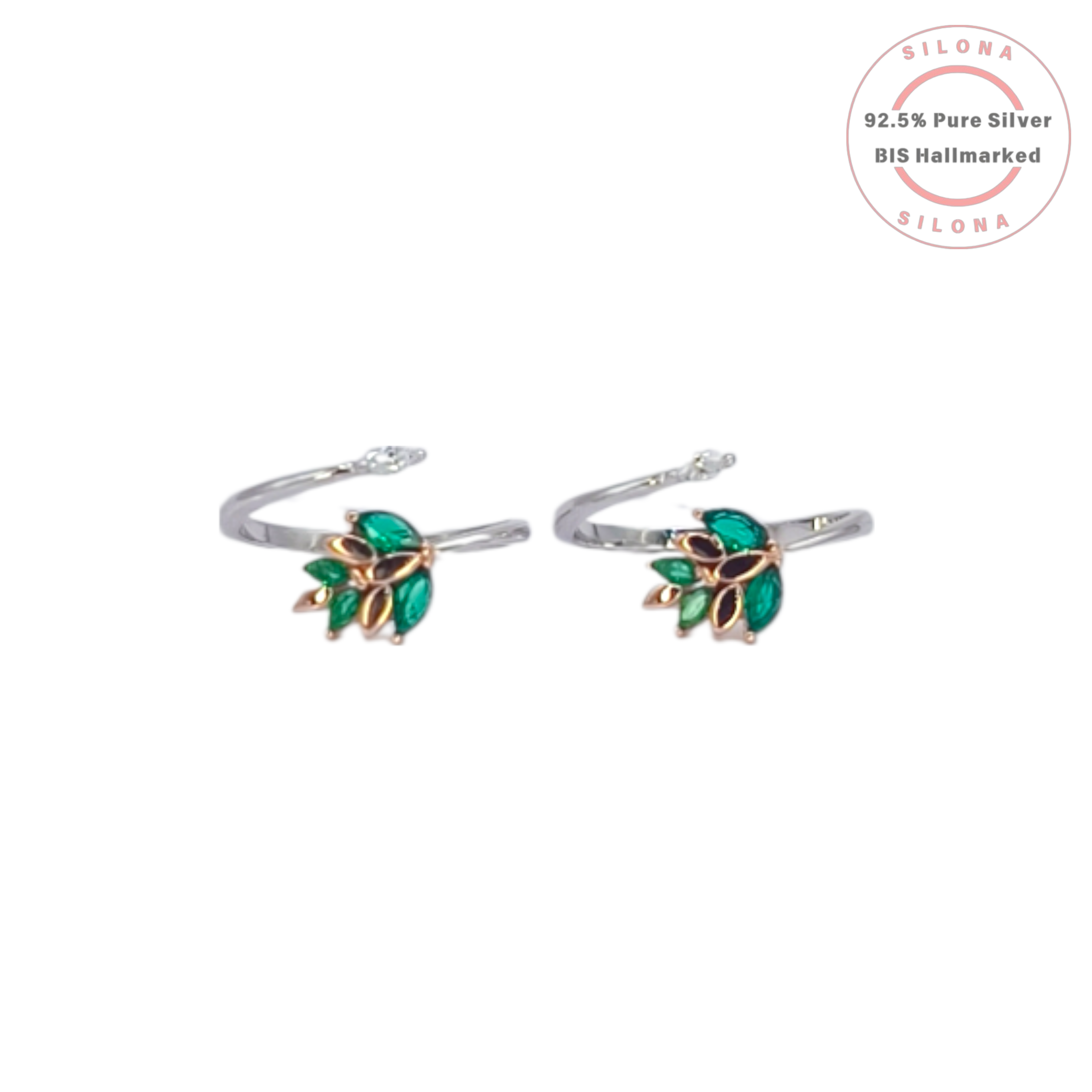 Pair of Emerald Hue Leaf Cluster Toe Rings in 92.5 Silver with Rose Gold Accents