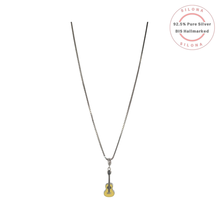 Silona's Modern Guitar Pendant Necklace with yellow enamel on a sterling silver box chain, against a white background.