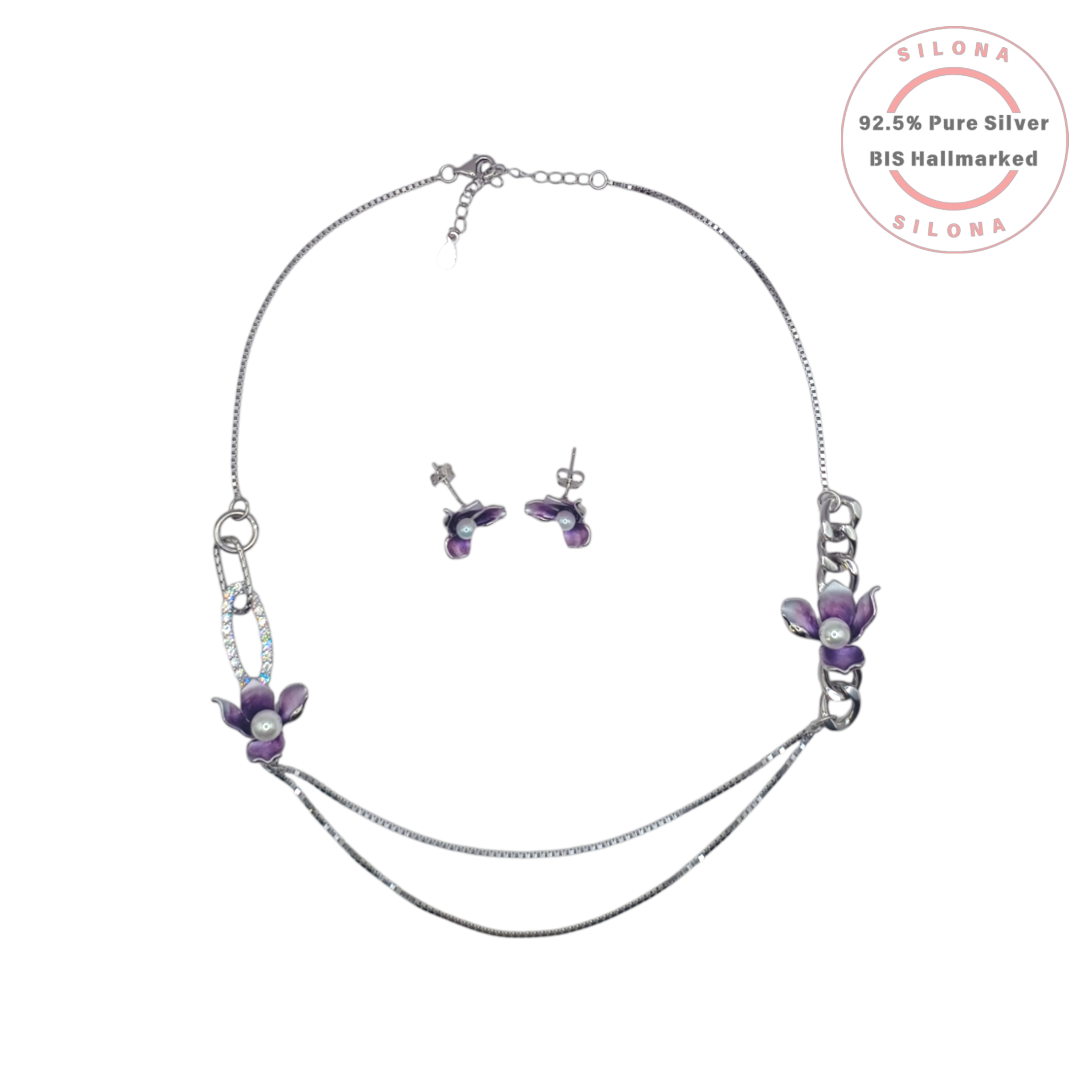 Silona Modern Orchid Pearl Necklace and Earring Set in 92.5 Silver, featuring purple enamel flowers, double chain, and matching studs.
