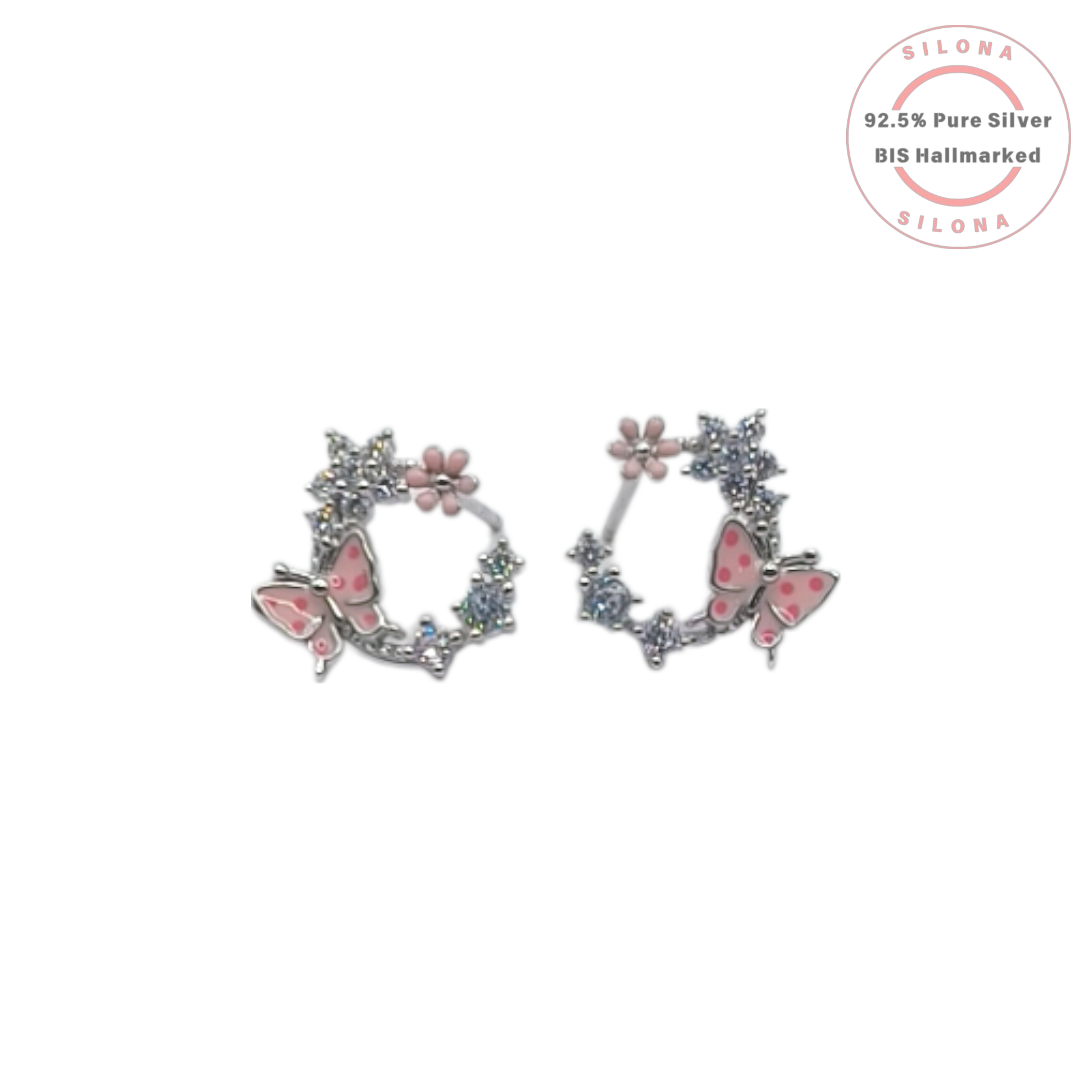 A pair of Silona's Pink Butterfly and Floral Hoop Earrings in 92.5 silver, featuring pink enamel details and sparkling cubic zirconia stones, on a white background.