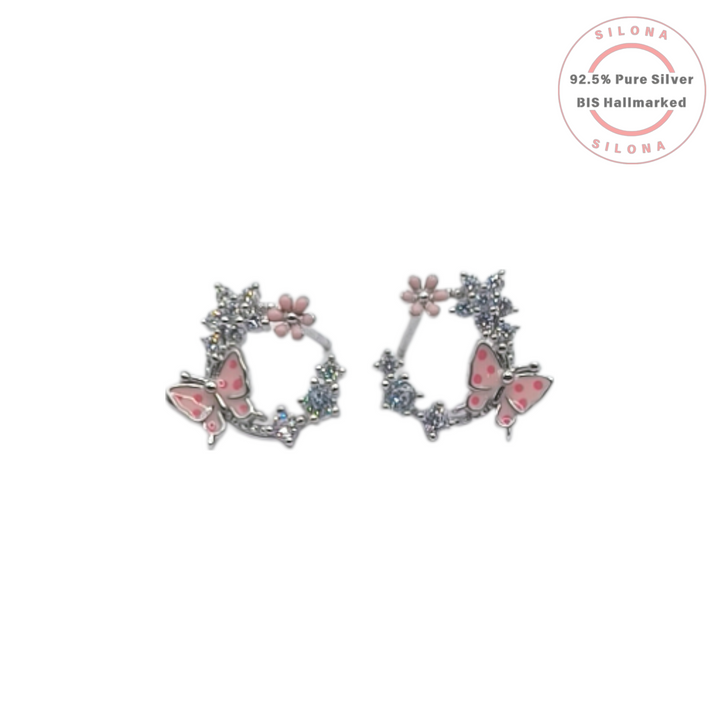 A pair of Silona's Pink Butterfly and Floral Hoop Earrings in 92.5 silver, featuring pink enamel details and sparkling cubic zirconia stones, on a white background.