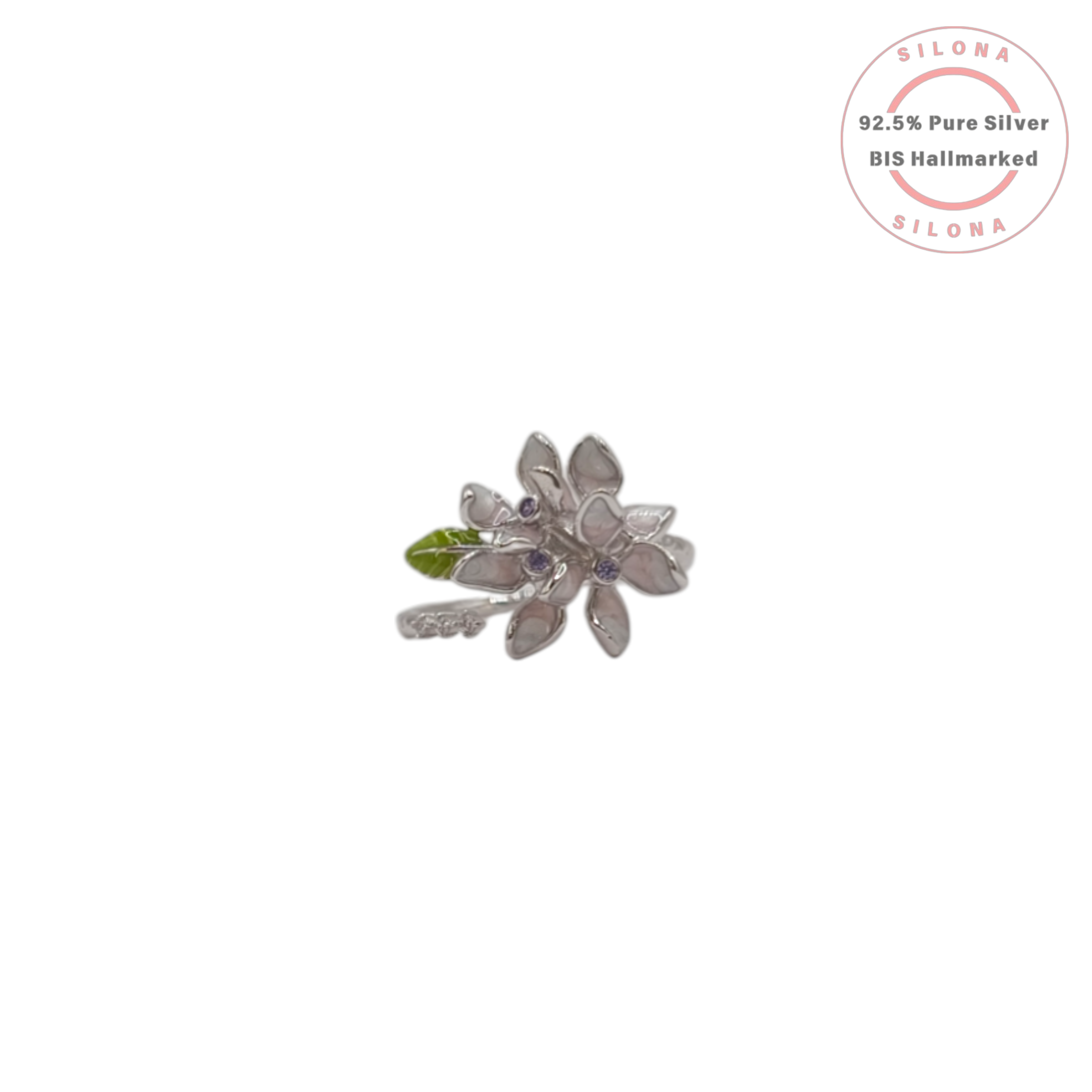 Silona Jasmine Blossom Ring in 92.5 silver, featuring white and green enamel petals and leaves with purple cubic zirconia stones.
