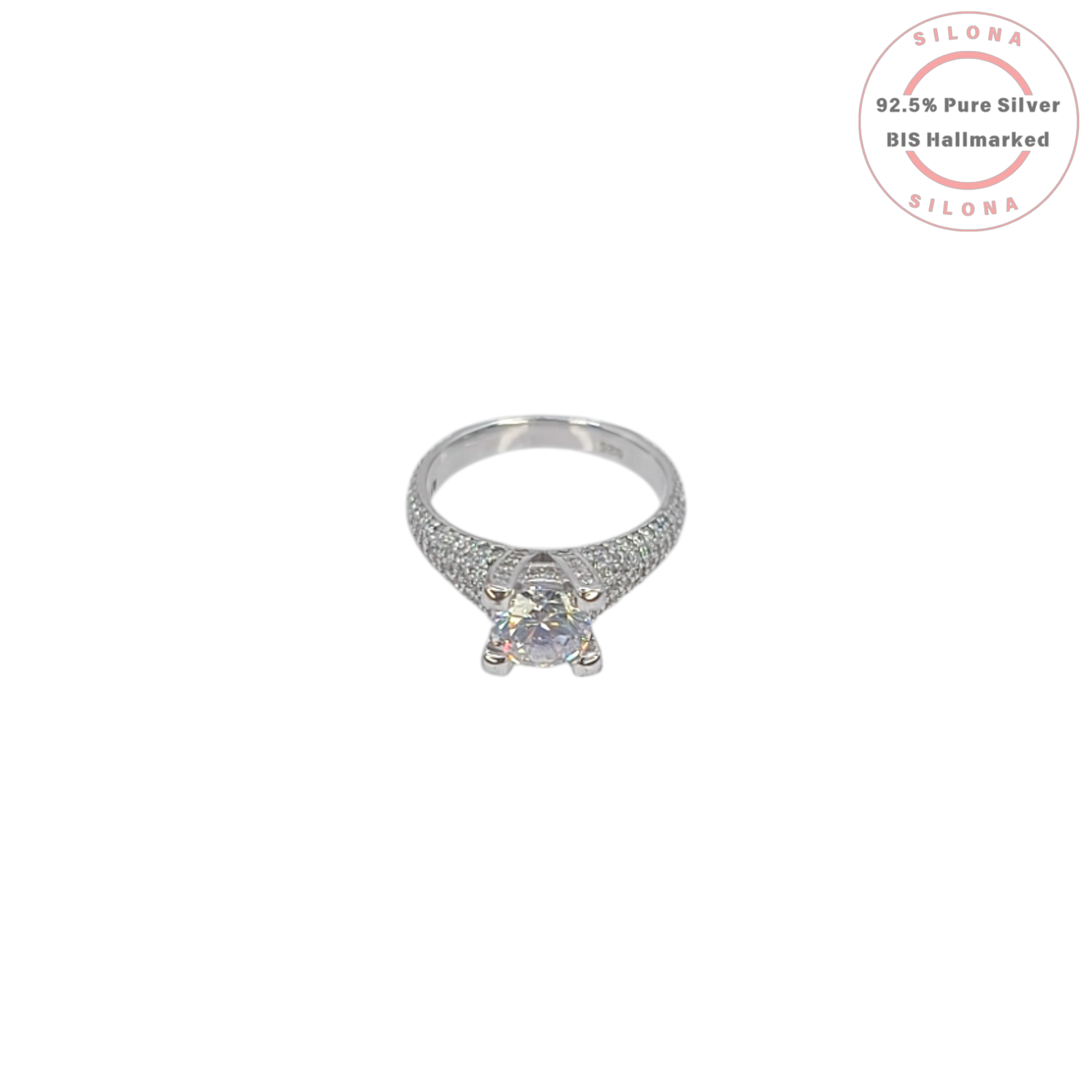 Front view of the Silona Brilliant Pavé Solitaire Ring, showcasing a large central cubic zirconia and a stone-encrusted band in 92.5 silver on a white background.
