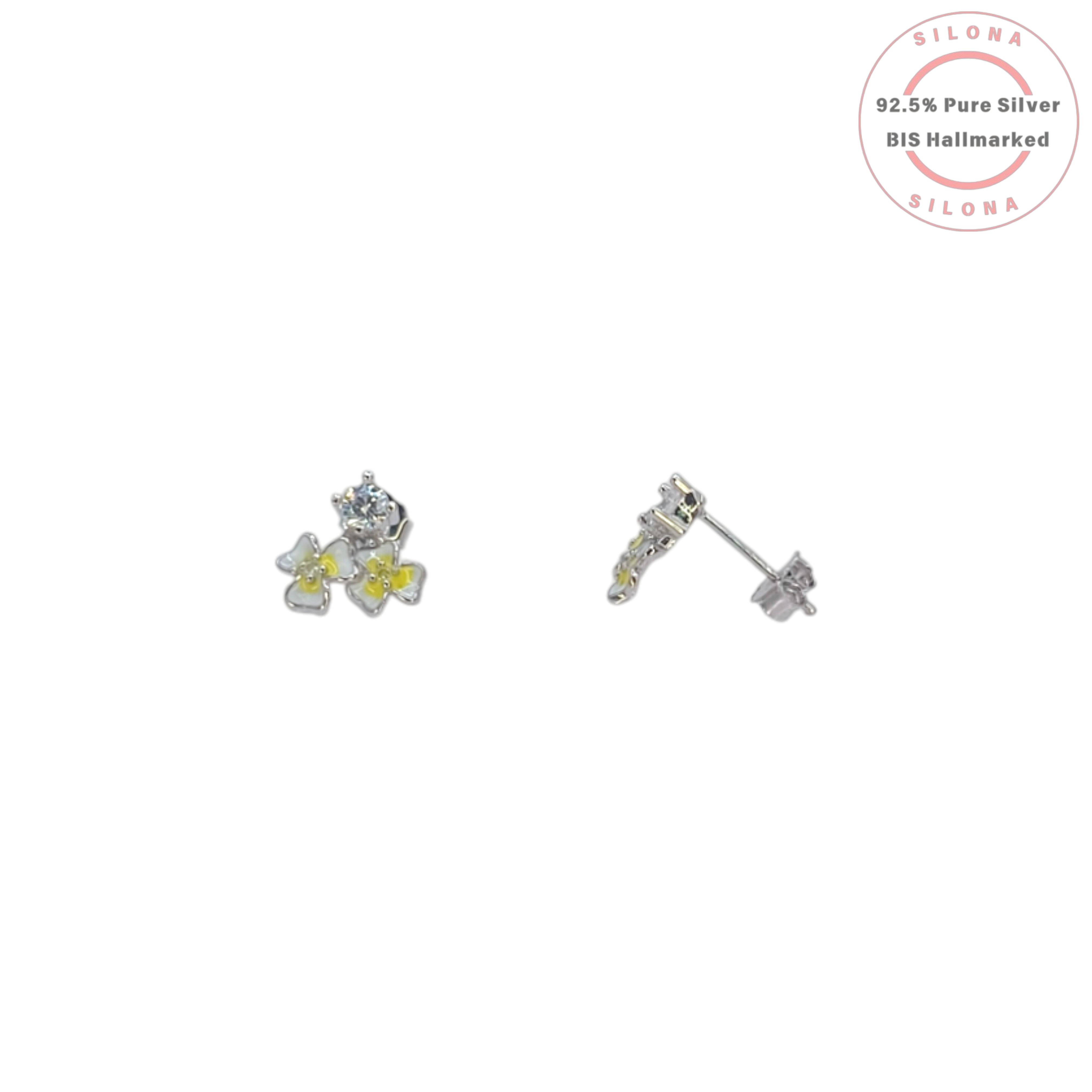 Pair of Silona silver stud earrings featuring a solitaire stone and a dangling cluster of two white and yellow enamel frangipani flowers on a white background.