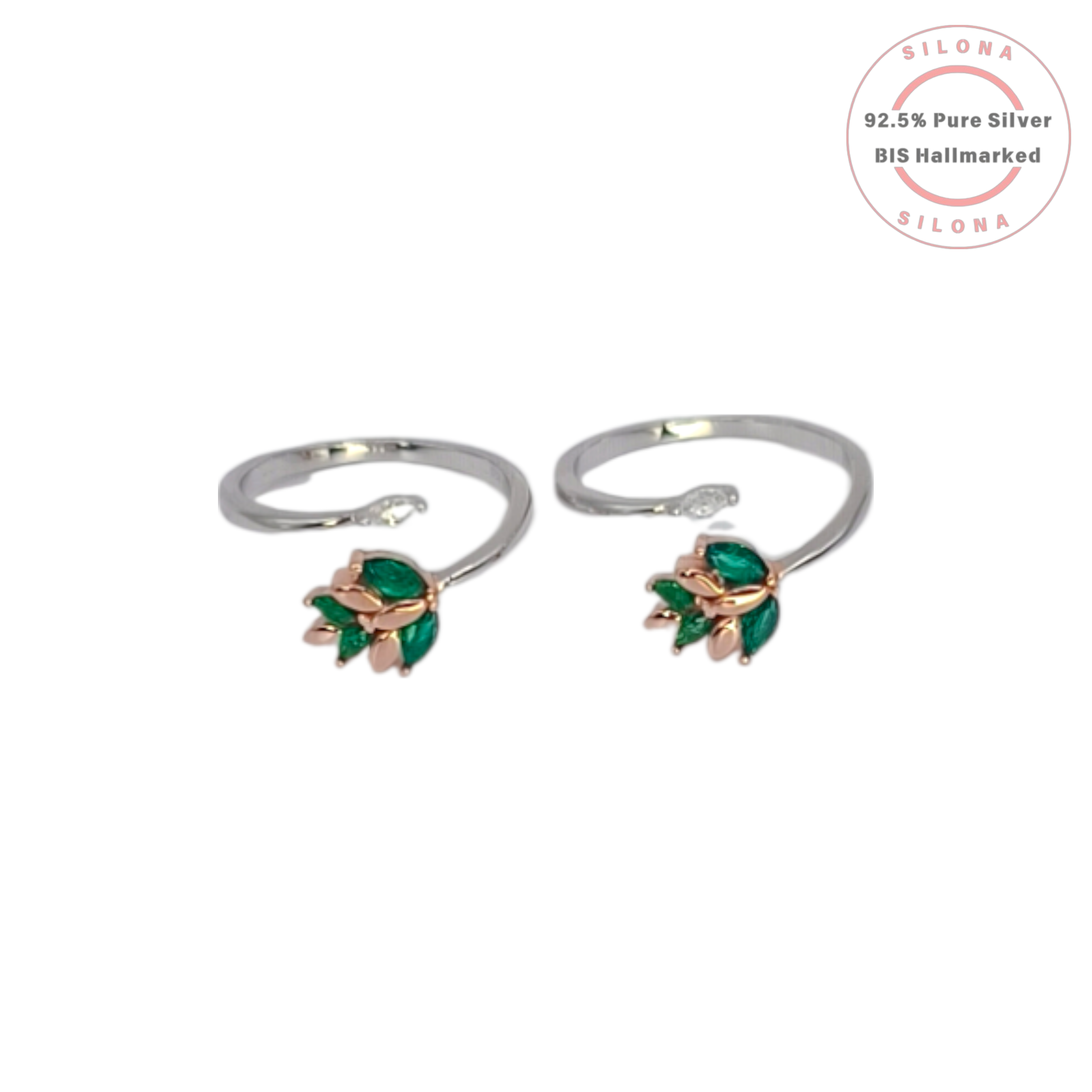 Pair of Emerald Hue Leaf Cluster Toe Rings in 92.5 Silver with Rose Gold Accents