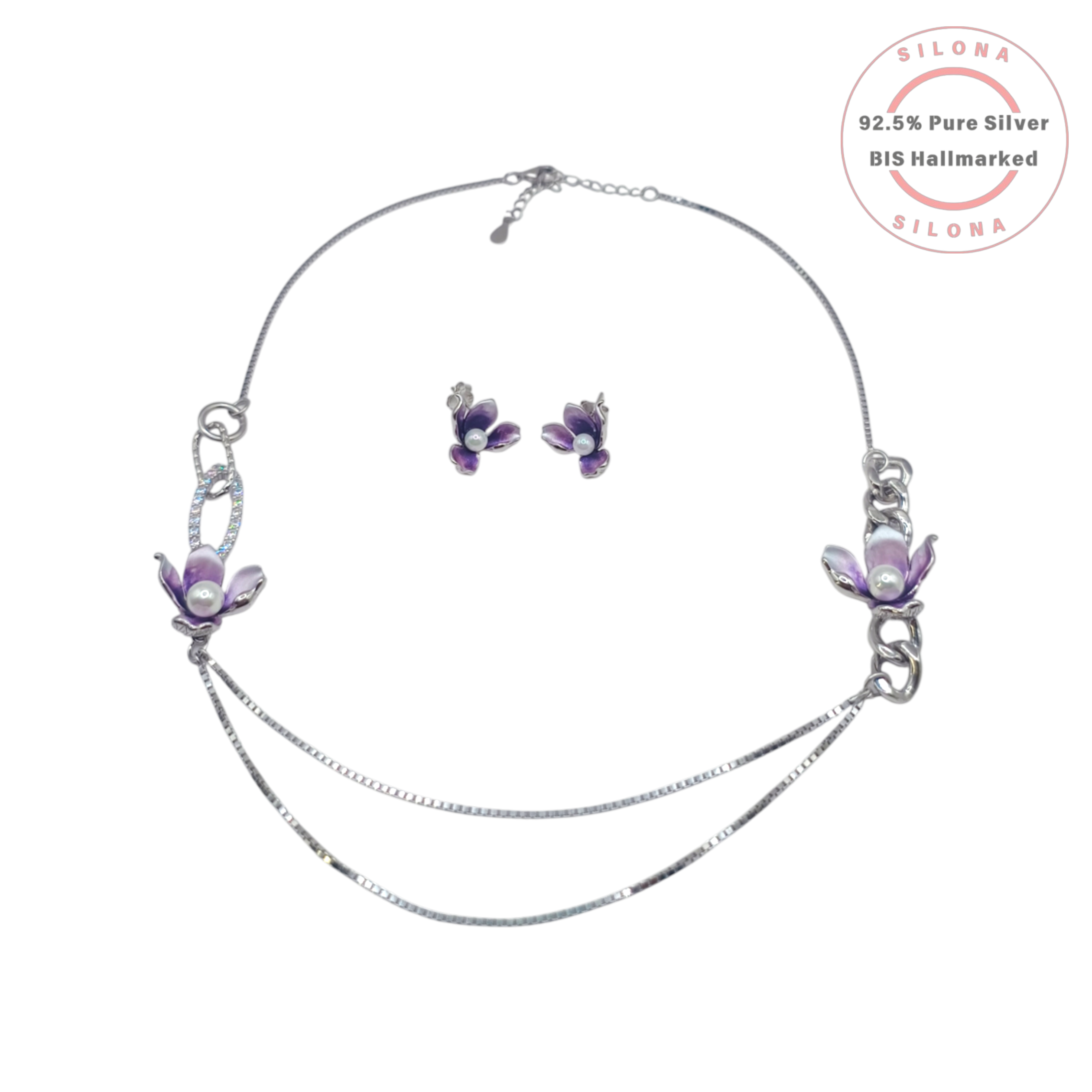 Silona Modern Orchid Pearl Necklace and Earring Set in 92.5 Silver, featuring purple enamel flowers, double chain, and matching studs.
