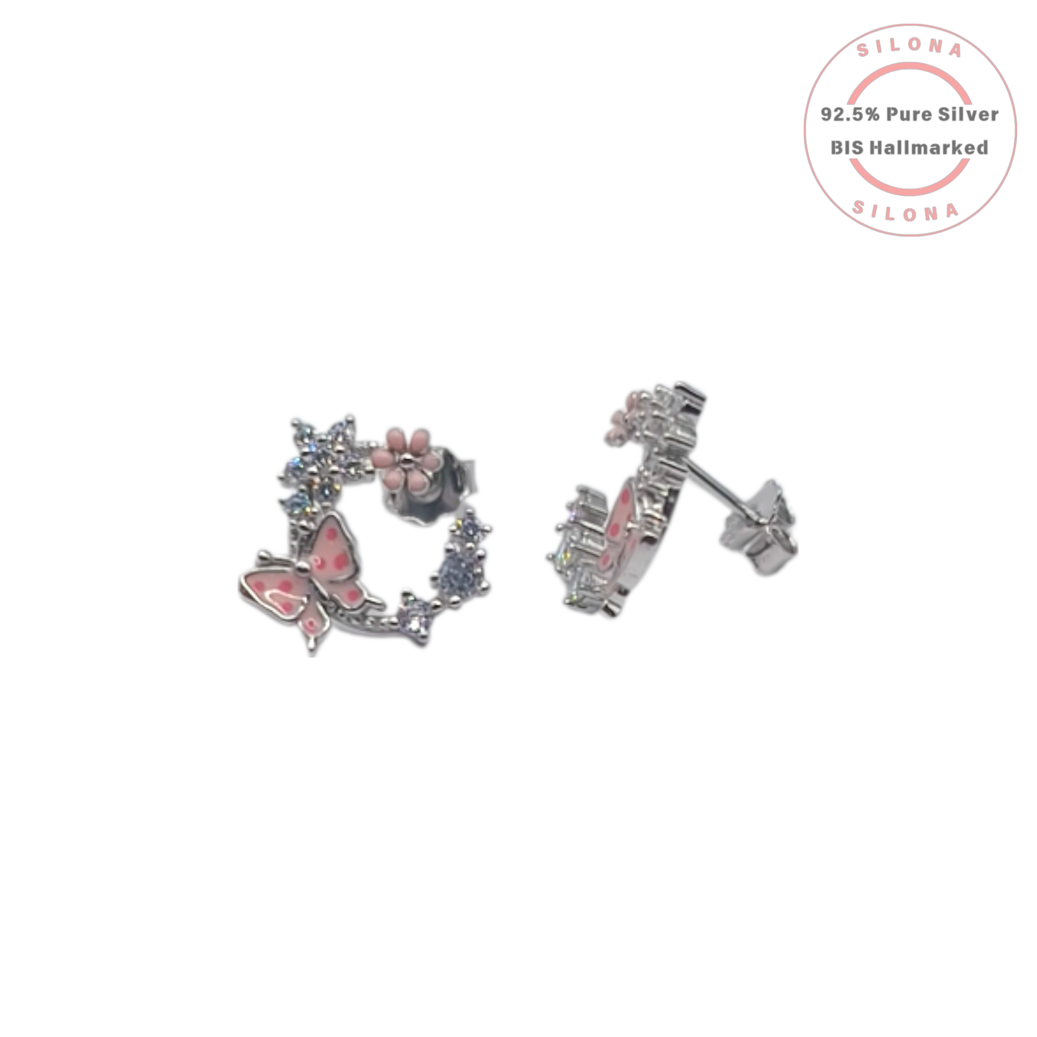 A pair of Silona's Pink Butterfly and Floral Hoop Earrings in 92.5 silver, featuring pink enamel details and sparkling cubic zirconia stones, on a white background.