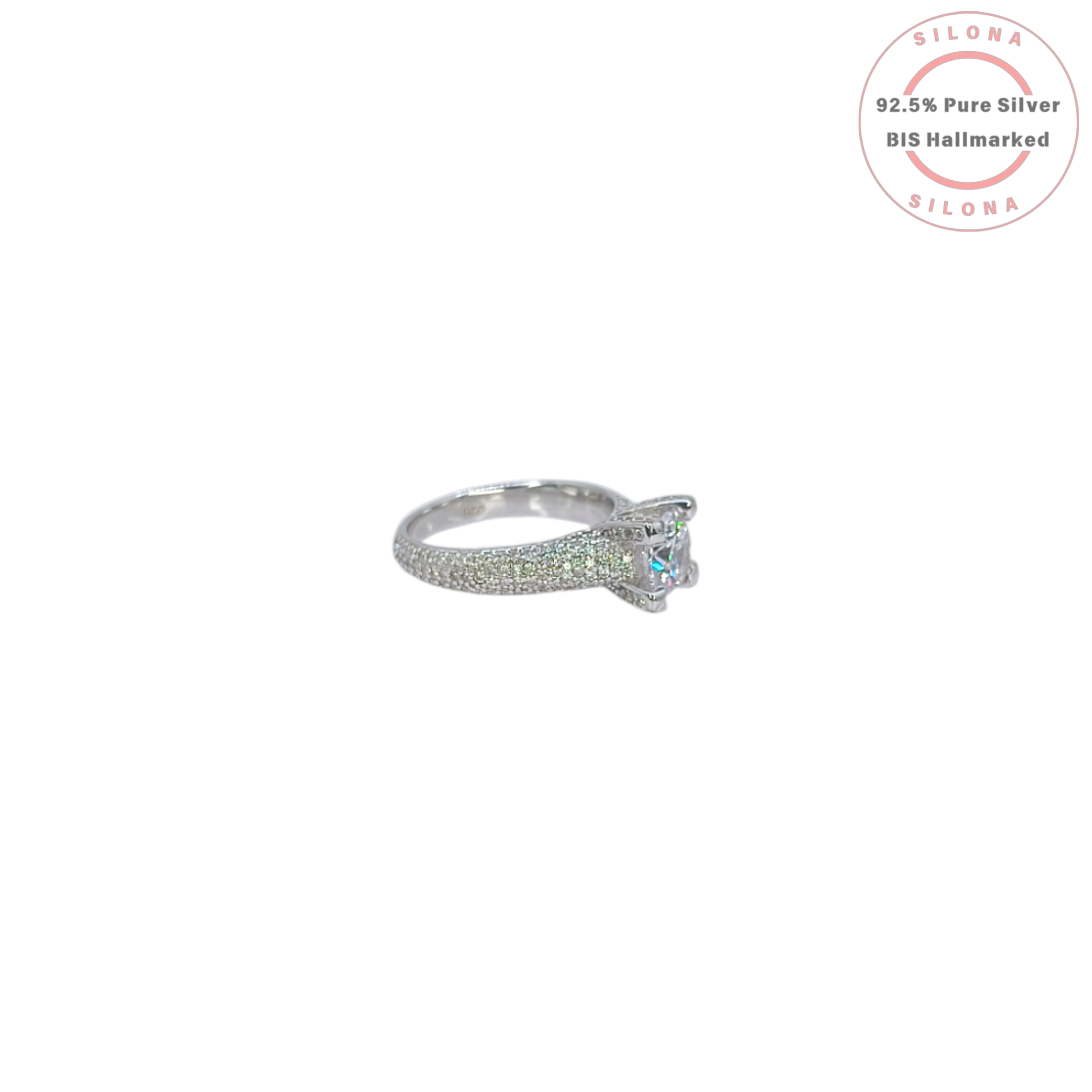 Front view of the Silona Brilliant Pavé Solitaire Ring, showcasing a large central cubic zirconia and a stone-encrusted band in 92.5 silver on a white background.