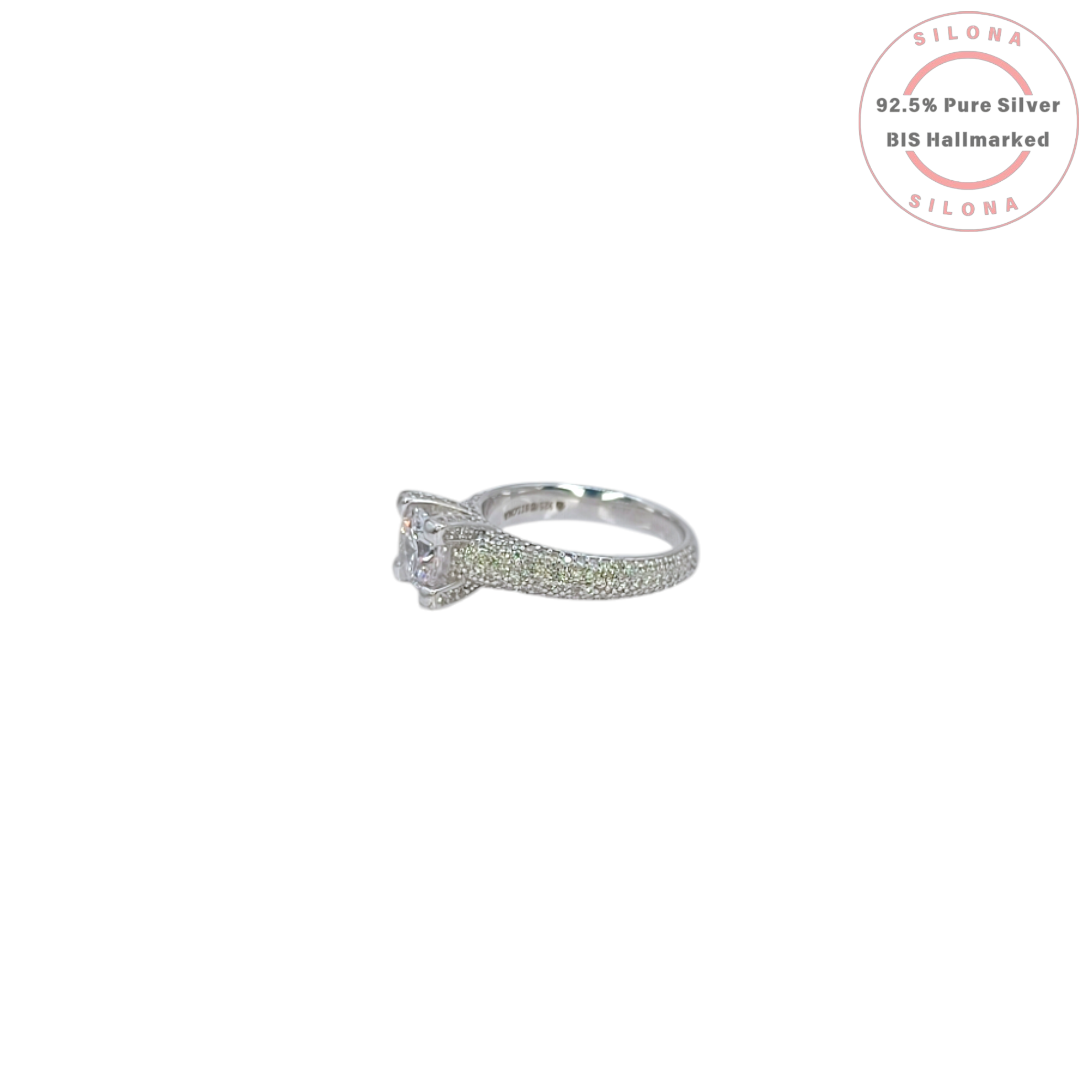 Front view of the Silona Brilliant Pavé Solitaire Ring, showcasing a large central cubic zirconia and a stone-encrusted band in 92.5 silver on a white background.