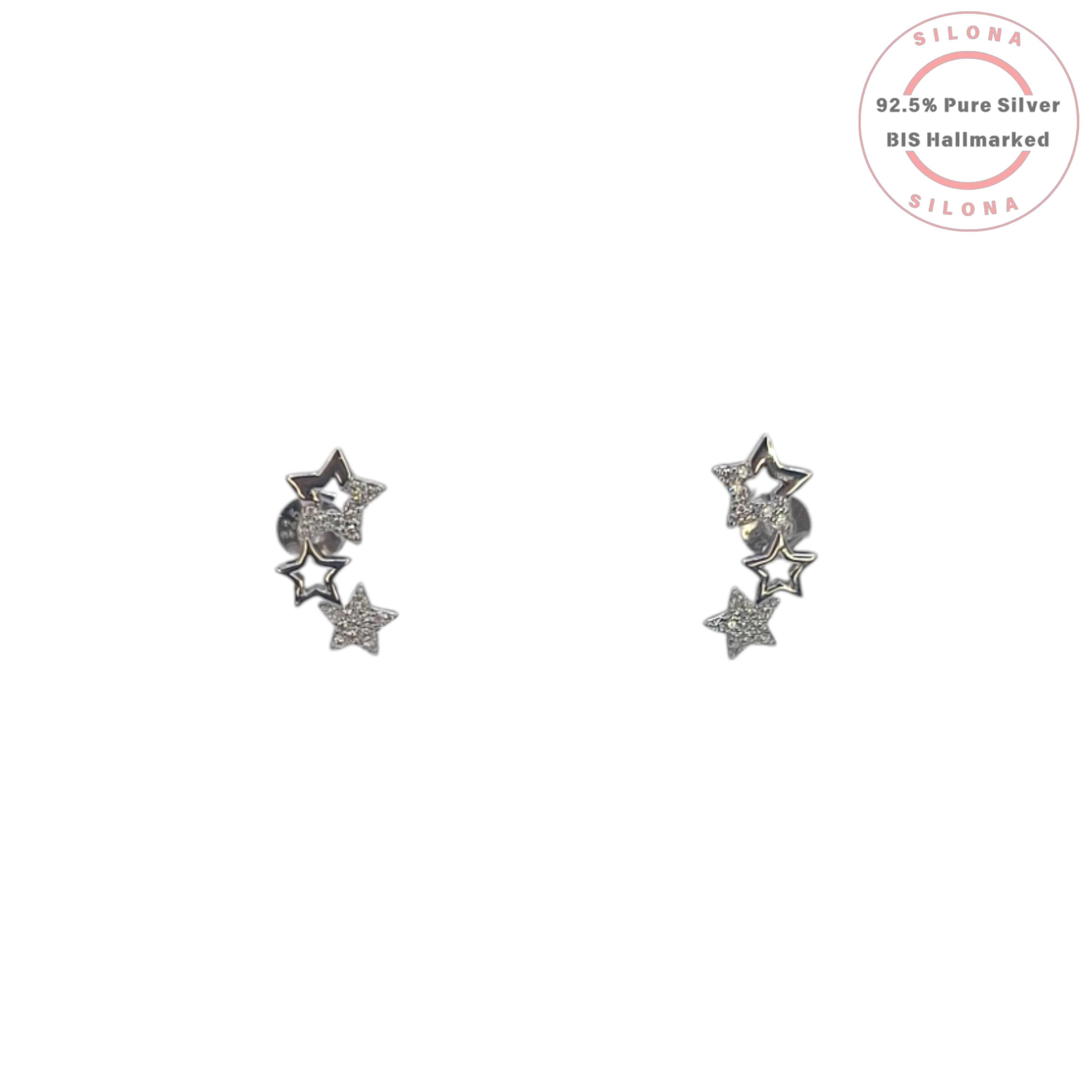 Pair of Celestial Star Cluster Stud Earrings in 92.5 silver, with pave cubic zirconia and polished star details, on a white background.