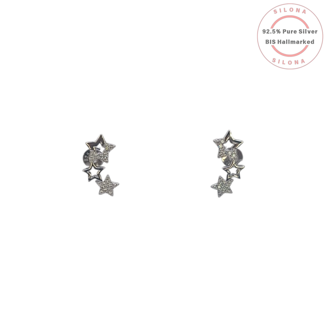 Pair of Celestial Star Cluster Stud Earrings in 92.5 silver, with pave cubic zirconia and polished star details, on a white background.