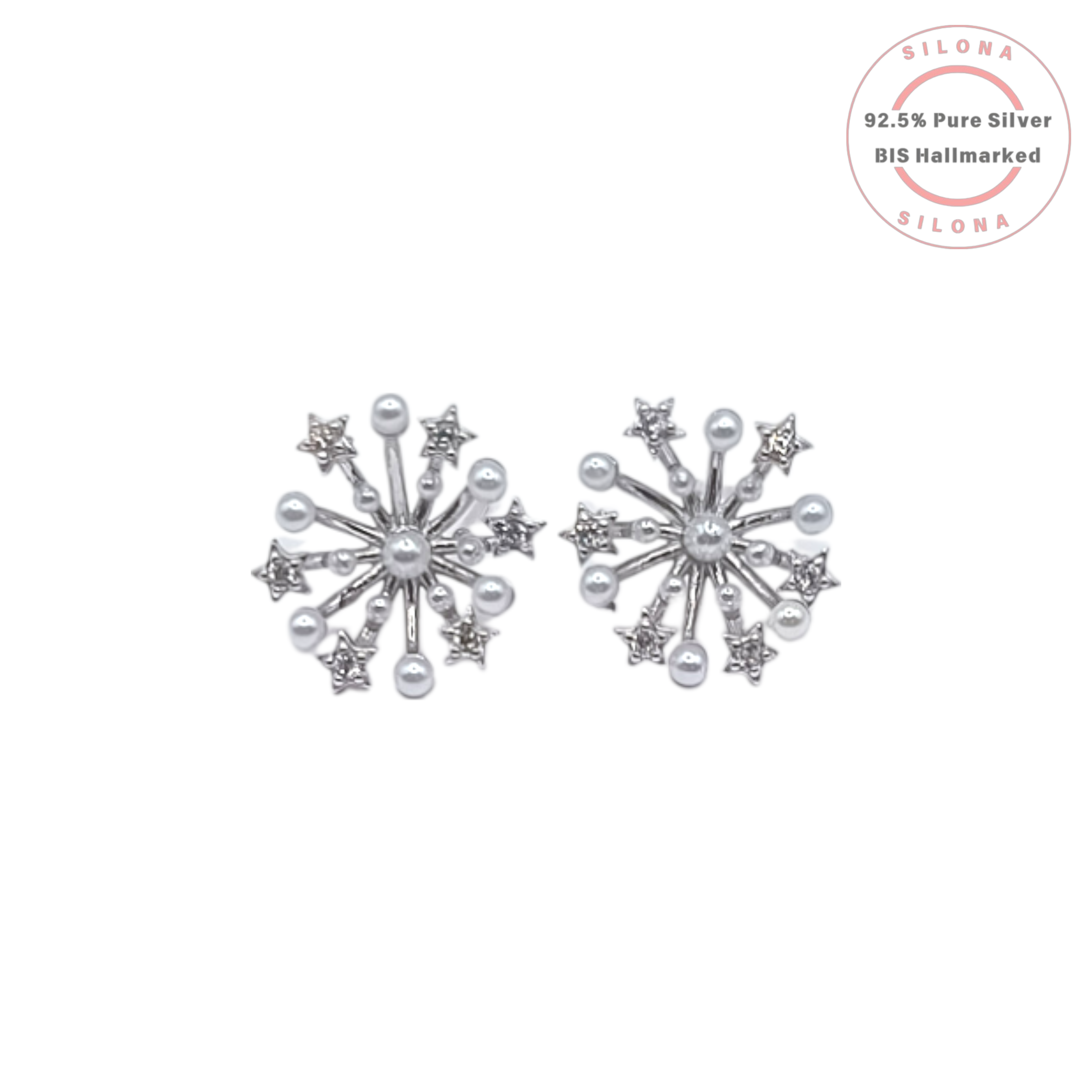 A pair of Celestial Starburst stud earrings in 92.5 silver, featuring radiant spokes ending in white pearls and star-set cubic zirconia.