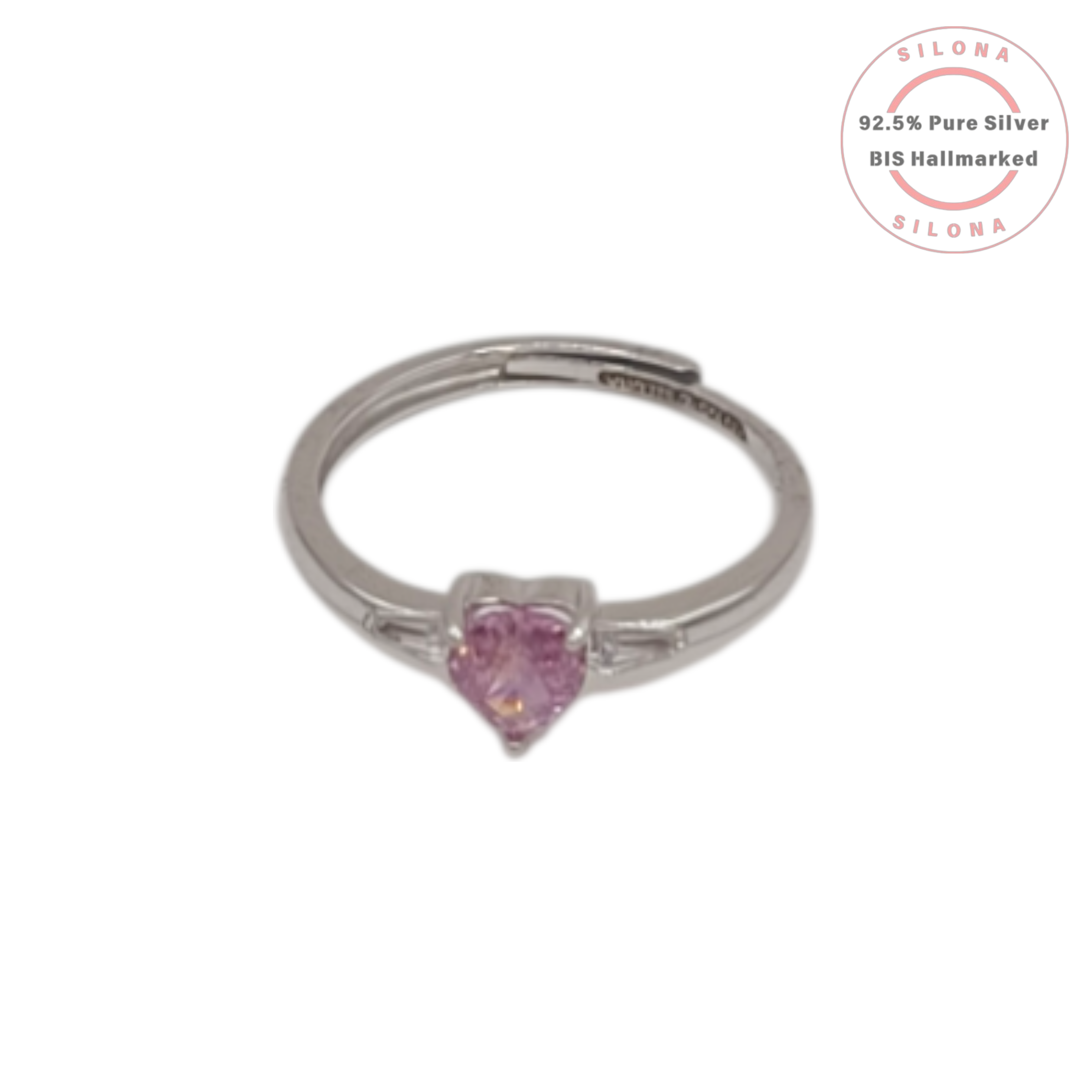 Silona Dainty Pink Heart Solitaire Ring in 92.5 silver with an adjustable band, shown on a white background.