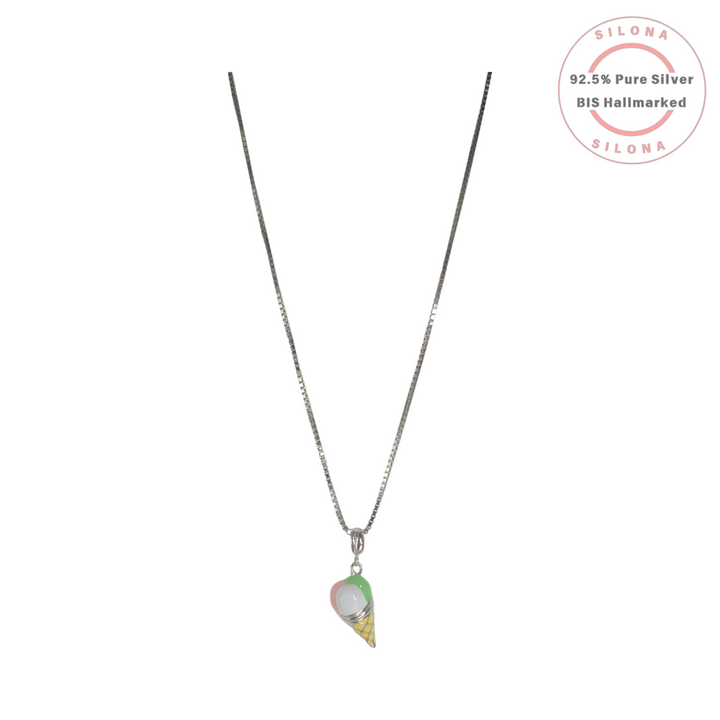 Silona's Enamel Ice Cream Cone Necklace featuring a pink, white, and green pendant on a pure 92.5 silver box chain, against a white background.