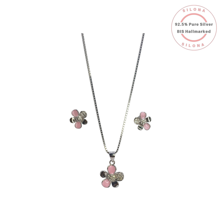 Silona's Petite Pink Floral Necklace and Earring Set in 92.5 Silver, featuring pink enamel and cubic zirconia petals.
