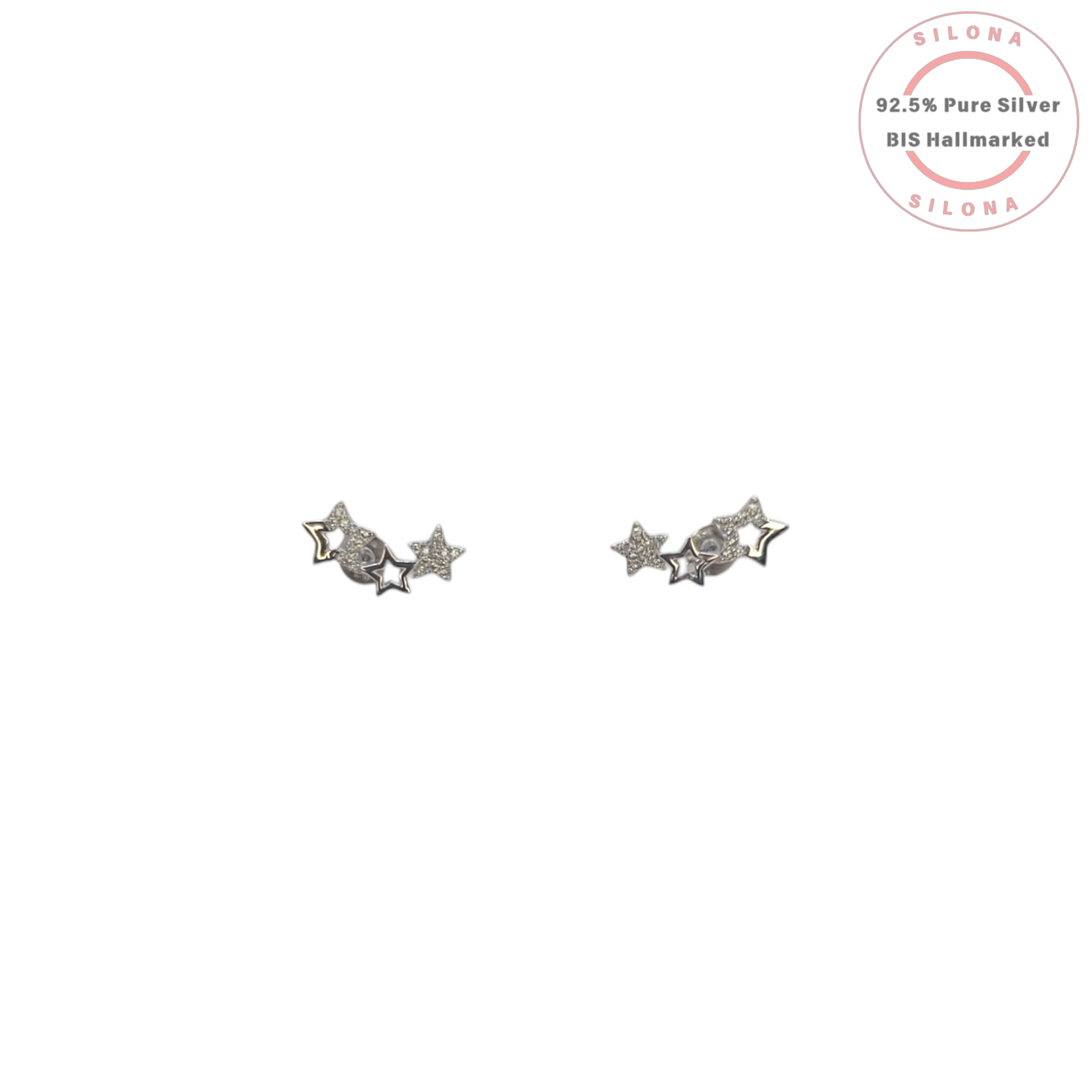 Pair of Celestial Star Cluster Stud Earrings in 92.5 silver, with pave cubic zirconia and polished star details, on a white background.