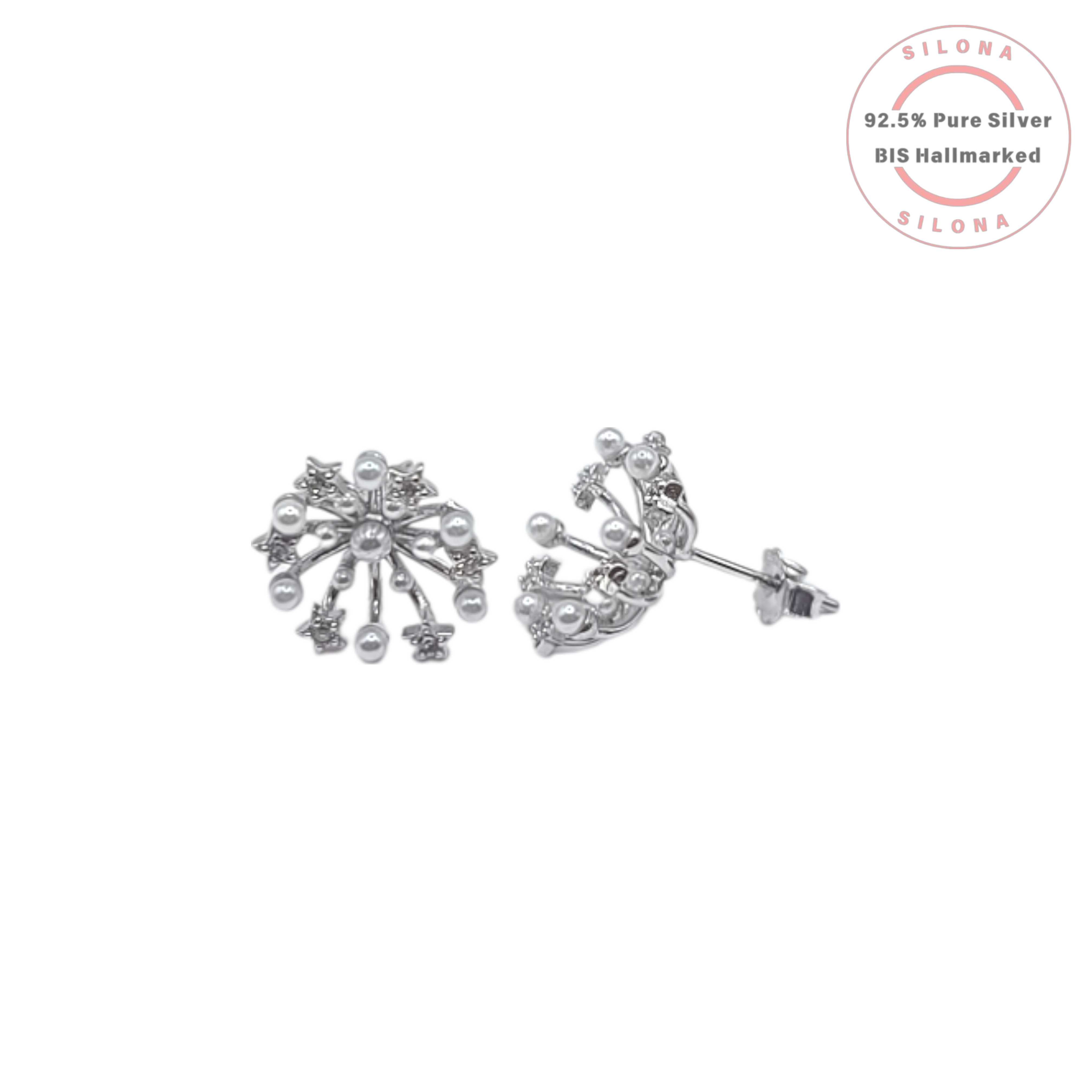 A pair of Celestial Starburst stud earrings in 92.5 silver, featuring radiant spokes ending in white pearls and star-set cubic zirconia.