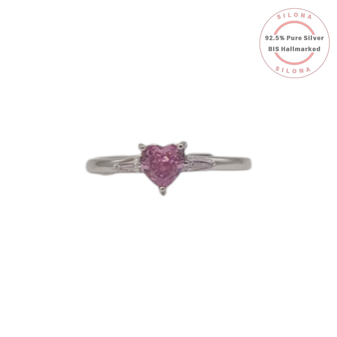 Silona Dainty Pink Heart Solitaire Ring in 92.5 silver with an adjustable band, shown on a white background.