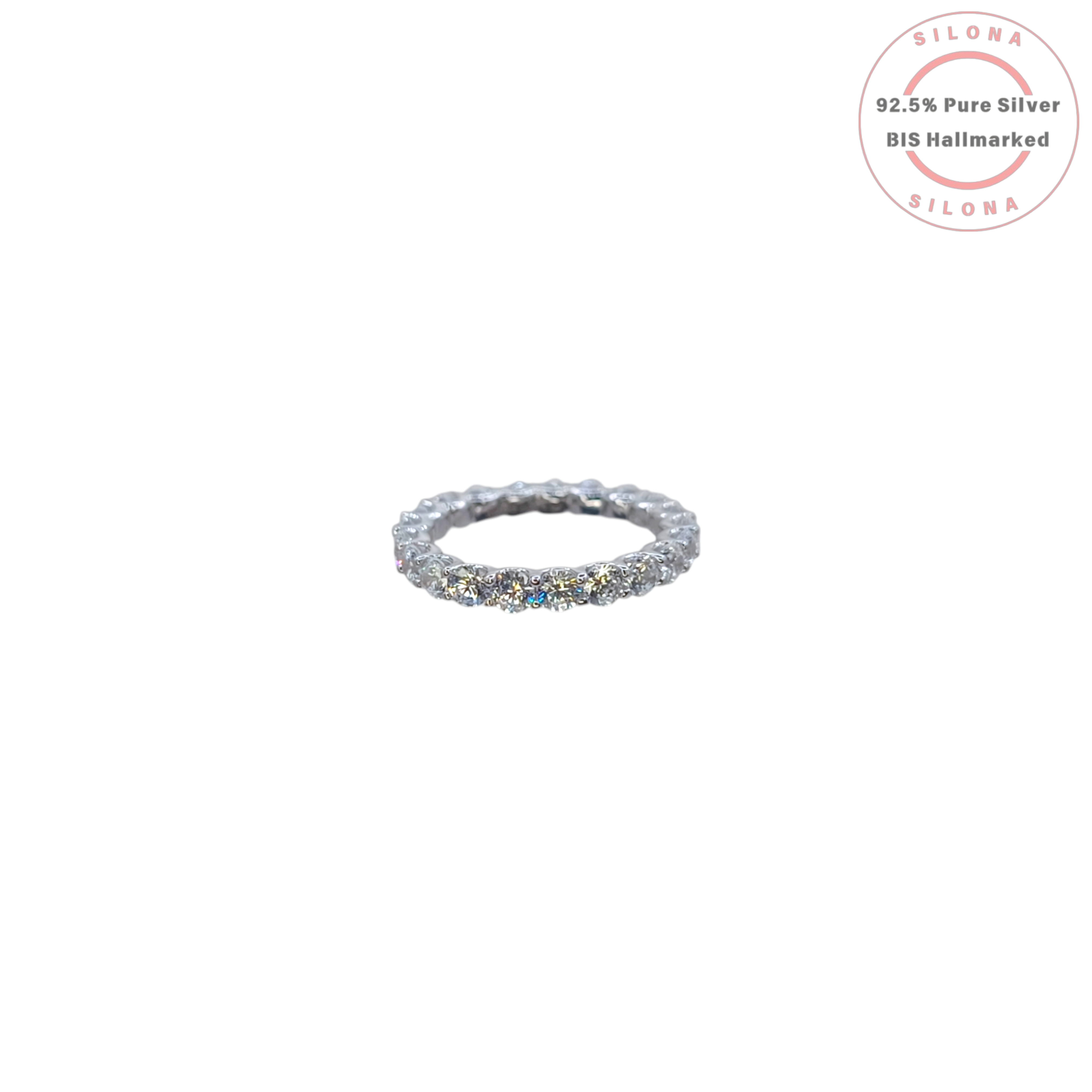 Silona Icy Blue Eternity Ring featuring round-cut, light blue cubic zirconia stones set in a 92.5 sterling silver band, shot on a white background.
