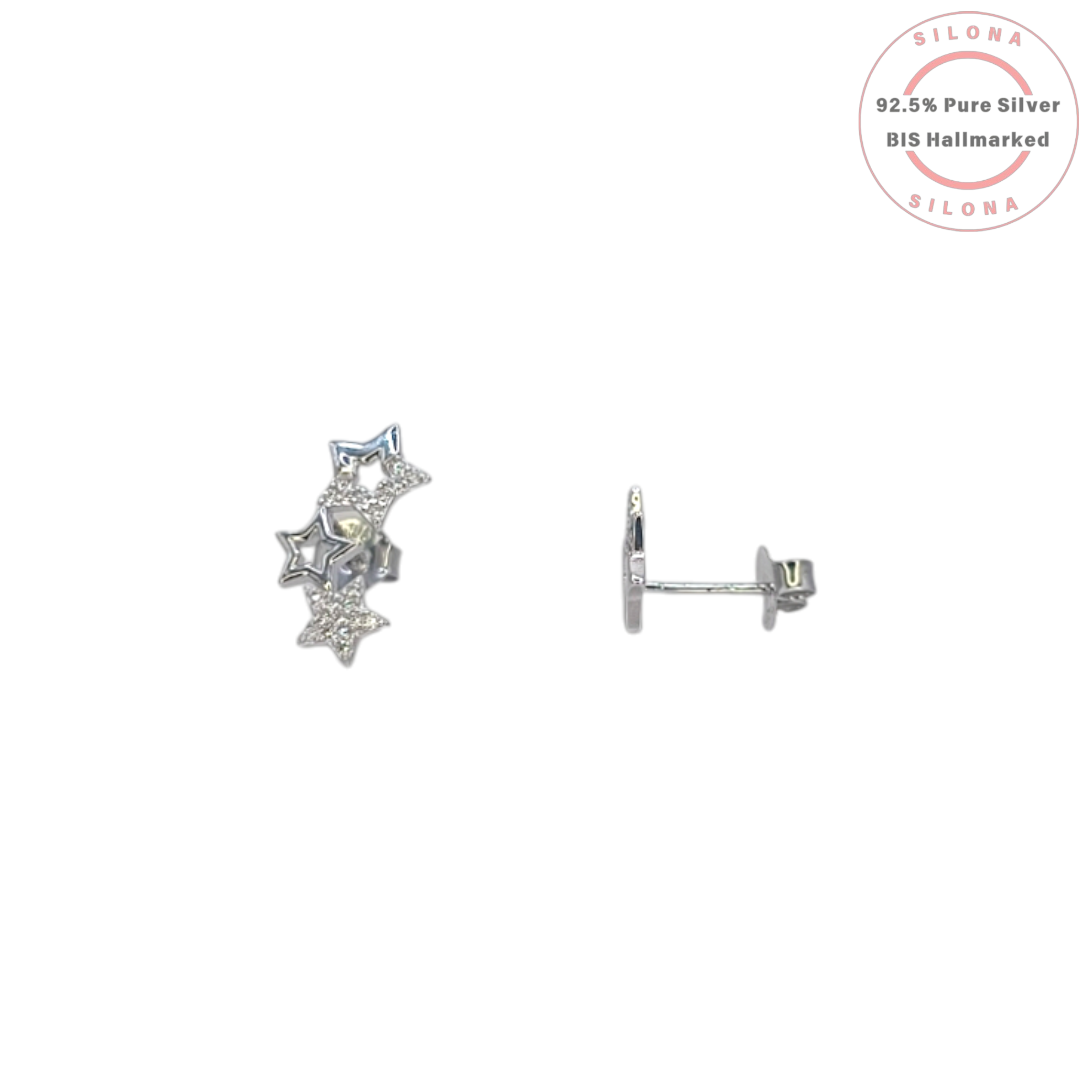 Pair of Celestial Star Cluster Stud Earrings in 92.5 silver, with pave cubic zirconia and polished star details, on a white background.