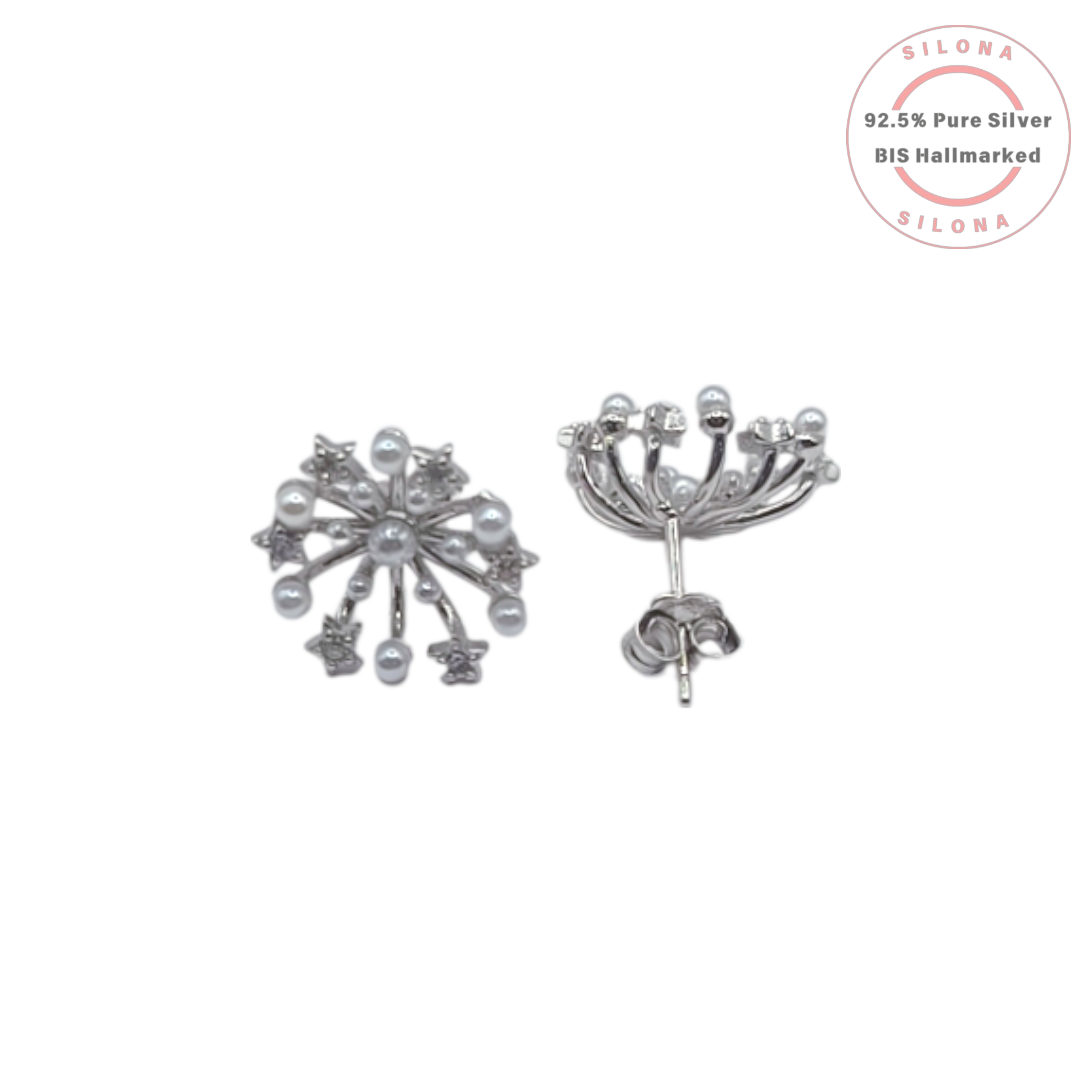 A pair of Celestial Starburst stud earrings in 92.5 silver, featuring radiant spokes ending in white pearls and star-set cubic zirconia.