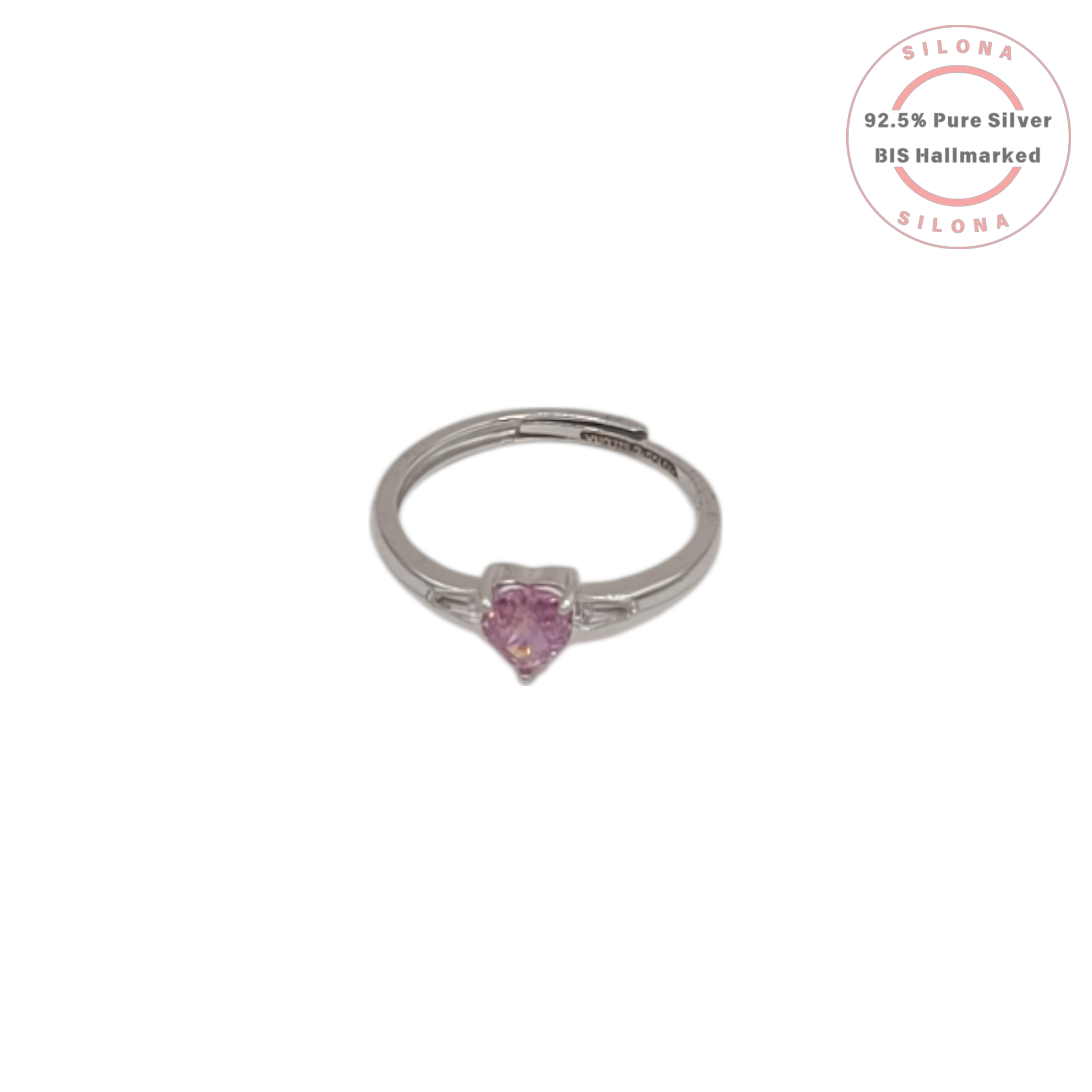 Silona Dainty Pink Heart Solitaire Ring in 92.5 silver with an adjustable band, shown on a white background.