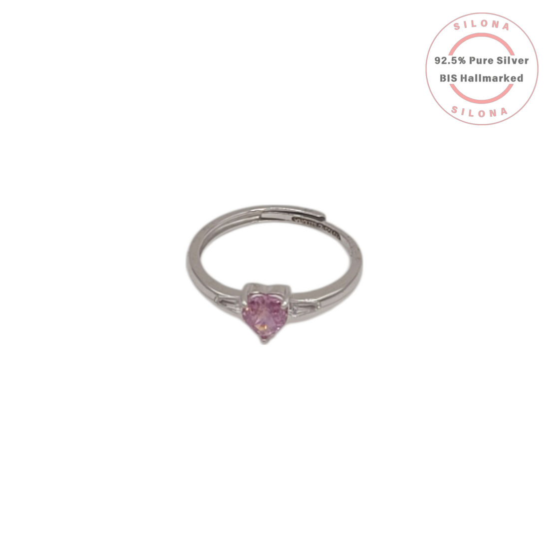 Silona Dainty Pink Heart Solitaire Ring in 92.5 silver with an adjustable band, shown on a white background.